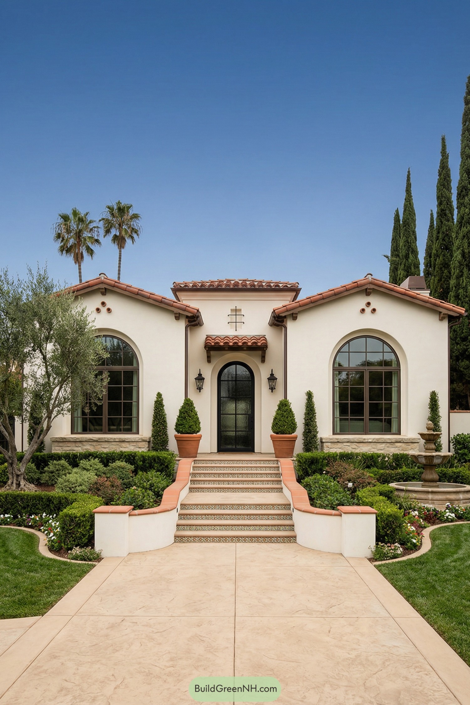 Spanish style home with arched windows, terracotta roof, and landscaped entry steps