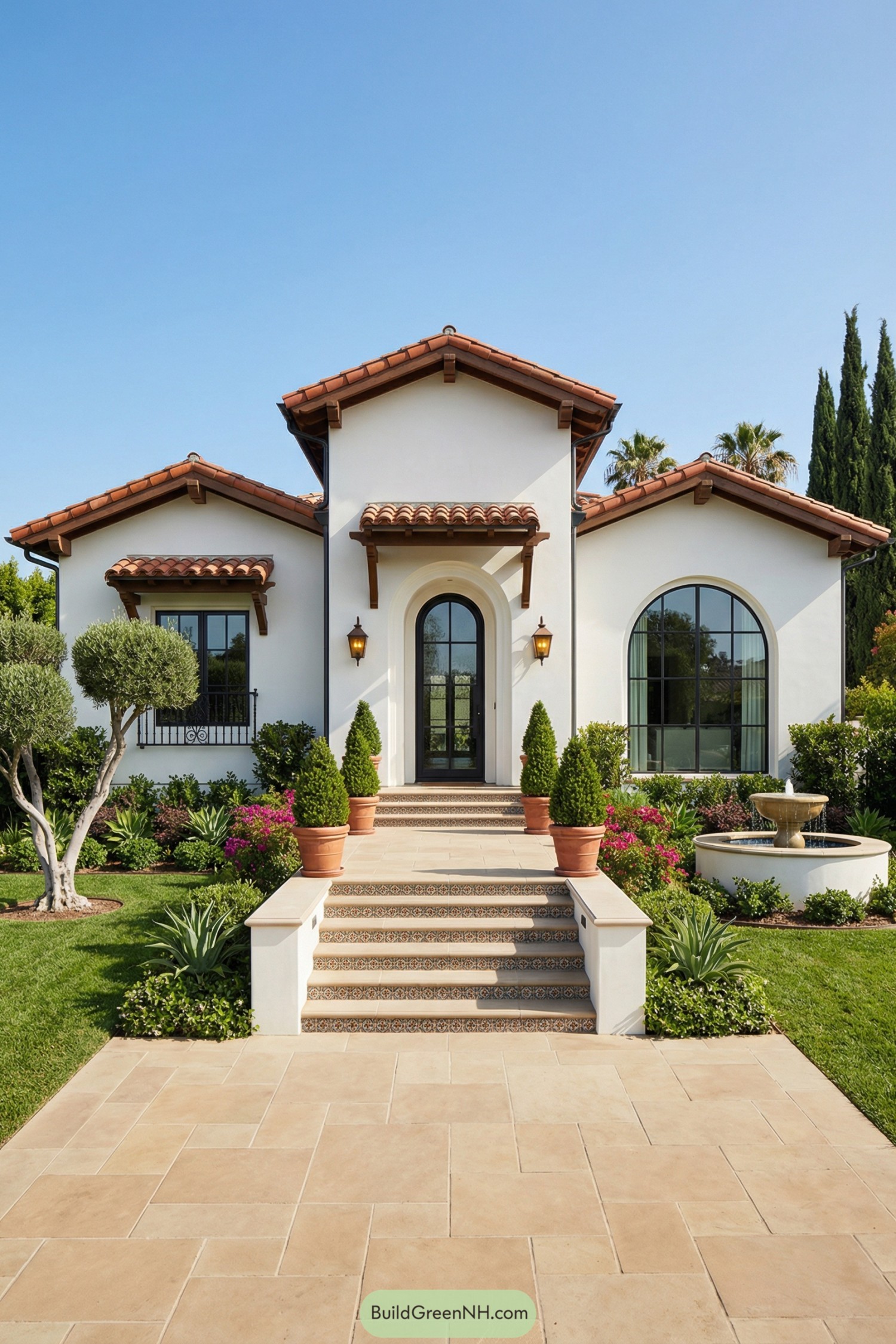 White stucco Spanish home with terracotta roof and grand tiled entry steps framed by potted greenery