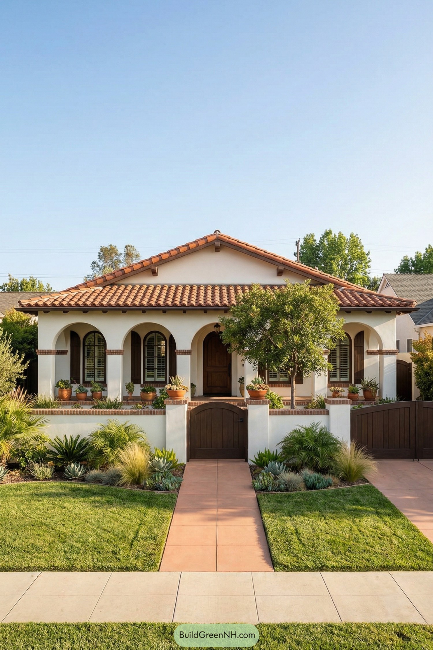 Single story Spanish style home with tiled roof, arched porch, potted plants, and wood gate path entry