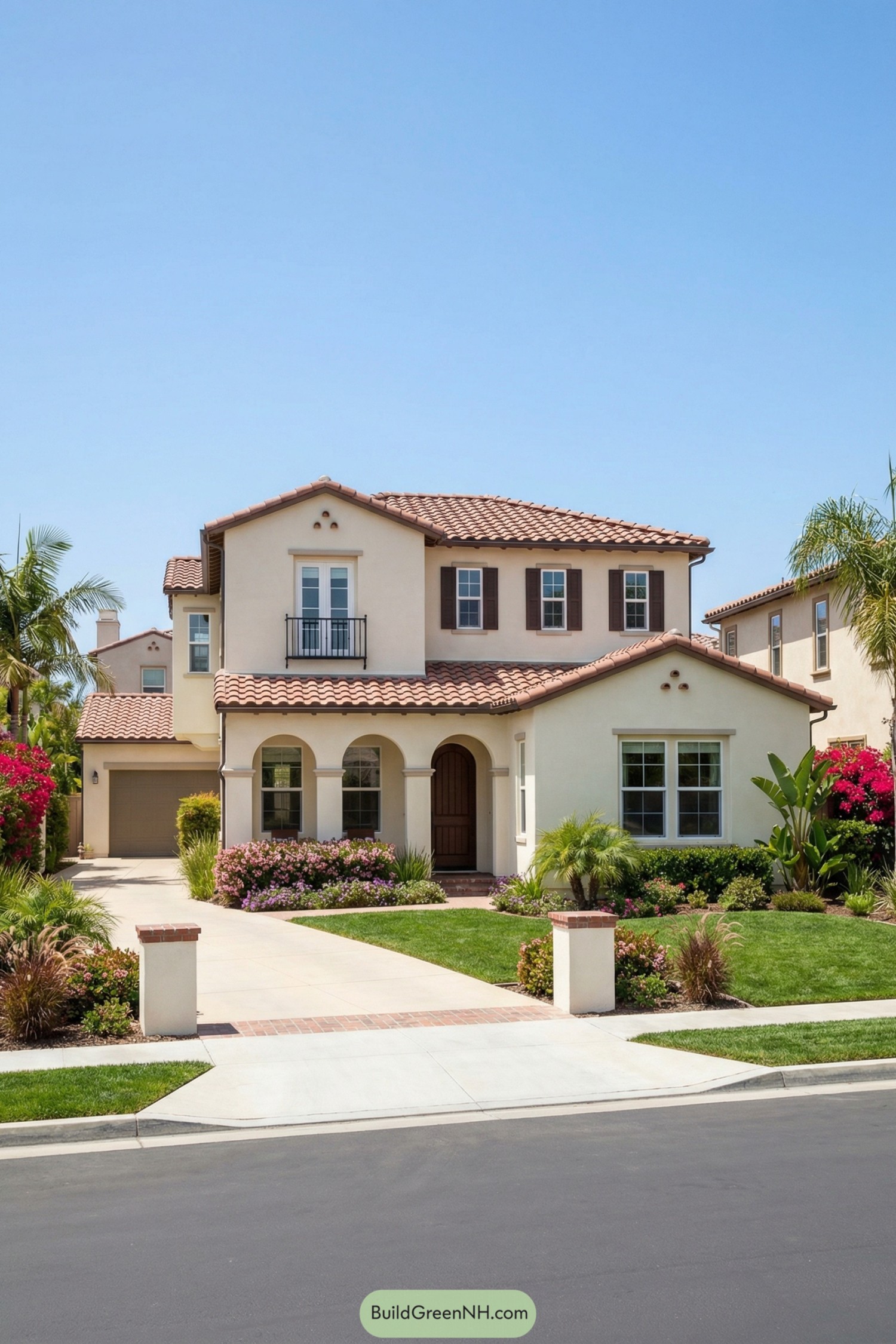 Two story cream stucco Spanish style house with red tile roof arched porch and lush front landscaping