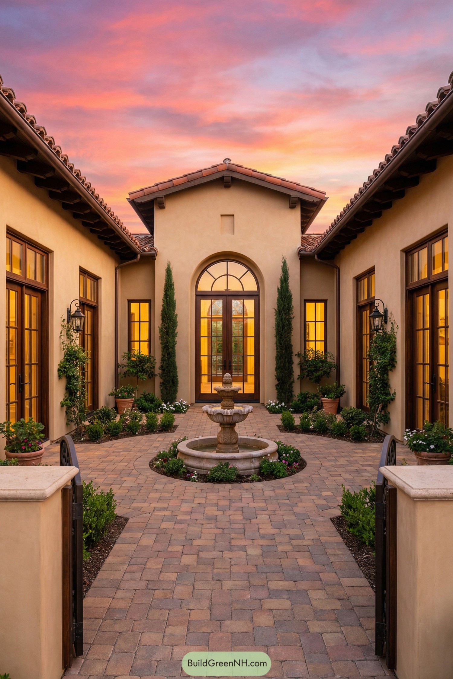 Stucco courtyard with central tiered fountain framed by tall windows and cypress trees at sunset