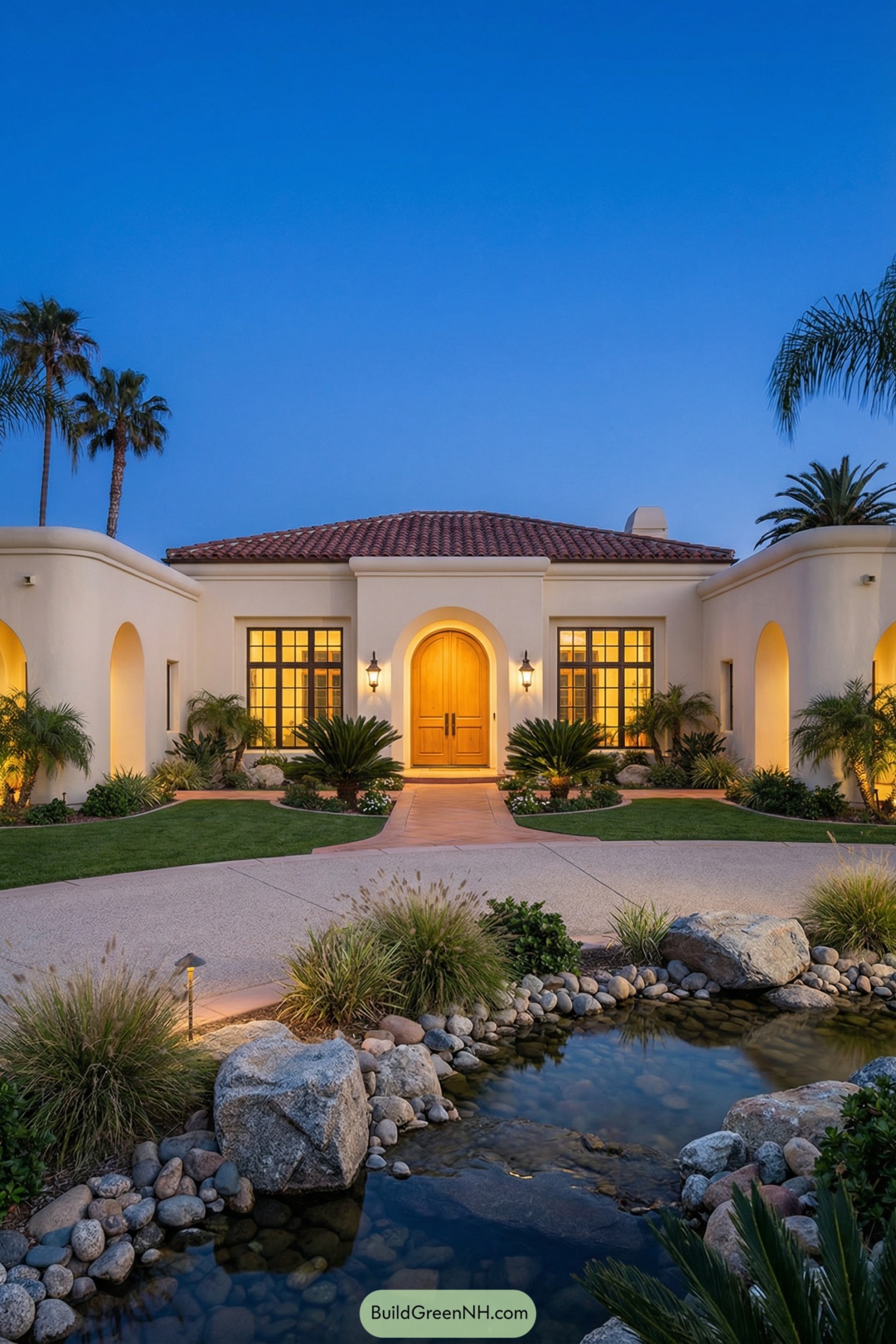 high-res photo of californian spanish style house, warm stucco facade, soft curved lines, low sprawling single-story layout with wide central volume and symmetrical side wings. Exterior walls in smooth light cream stucco with subtle rounded edges and recessed arched entry niche. Structure shaped as a broad horizontal rectangle with slightly projecting wings and a deep central portico. Roof in traditional red clay barrel tiles, low-pitched hip and gable sections, pronounced eaves with clean stucco soffits. Large rectangular windows with dark bronze metal frames and multiple small panes, evenly spaced along the facade, warm yellow interior light glowing through. Main entrance with tall double wooden doors in rich honey tone, decorative raised panels and subtle arch at the top, framed by a deep stucco archway and flanked by classic wall lanterns with warm light. Front approach with a curved light-colored aggregate driveway leading to the entry, bordered by a narrow terracotta-toned walkway. Outdoor area dominated by a naturalistic rock and water feature: shallow reflective pond edged with smooth large granite boulders and smaller river stones, placed in irregular clusters near the front lawn. Landscaping with manicured green grass, dense plantings of palms, cycads, ornamental grasses, and low shrubs around the foundation and water feature, accent uplighting at the base of trees and among rocks. Surrounding background with tall slender palm trees silhouetted against a clear deep-blue dusk sky, soft ambient twilight creating strong contrast between cool sky and warm glowing house. single real-life photo, high-resolution, architectural photography, soft lighting, cinematic composition.
