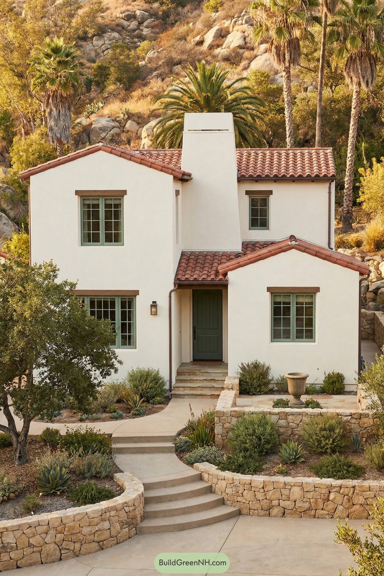 Stucco Spanish style house with red tile roof, green trim windows, and terraced stone landscaping on a rocky hillside