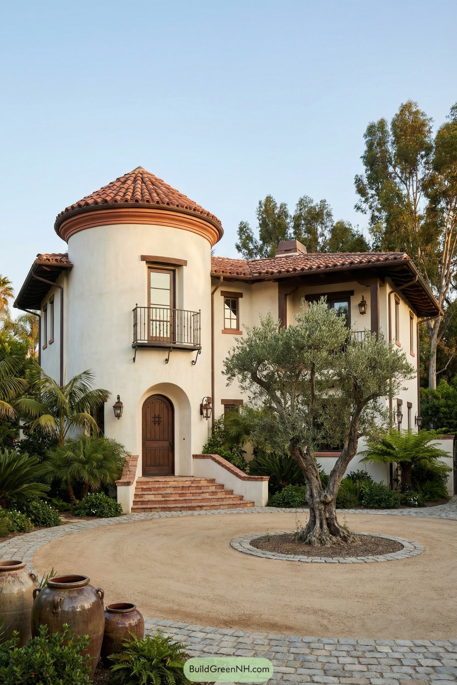 Two story Spanish style home with round tower entry tiled roof and circular drive around an olive tree