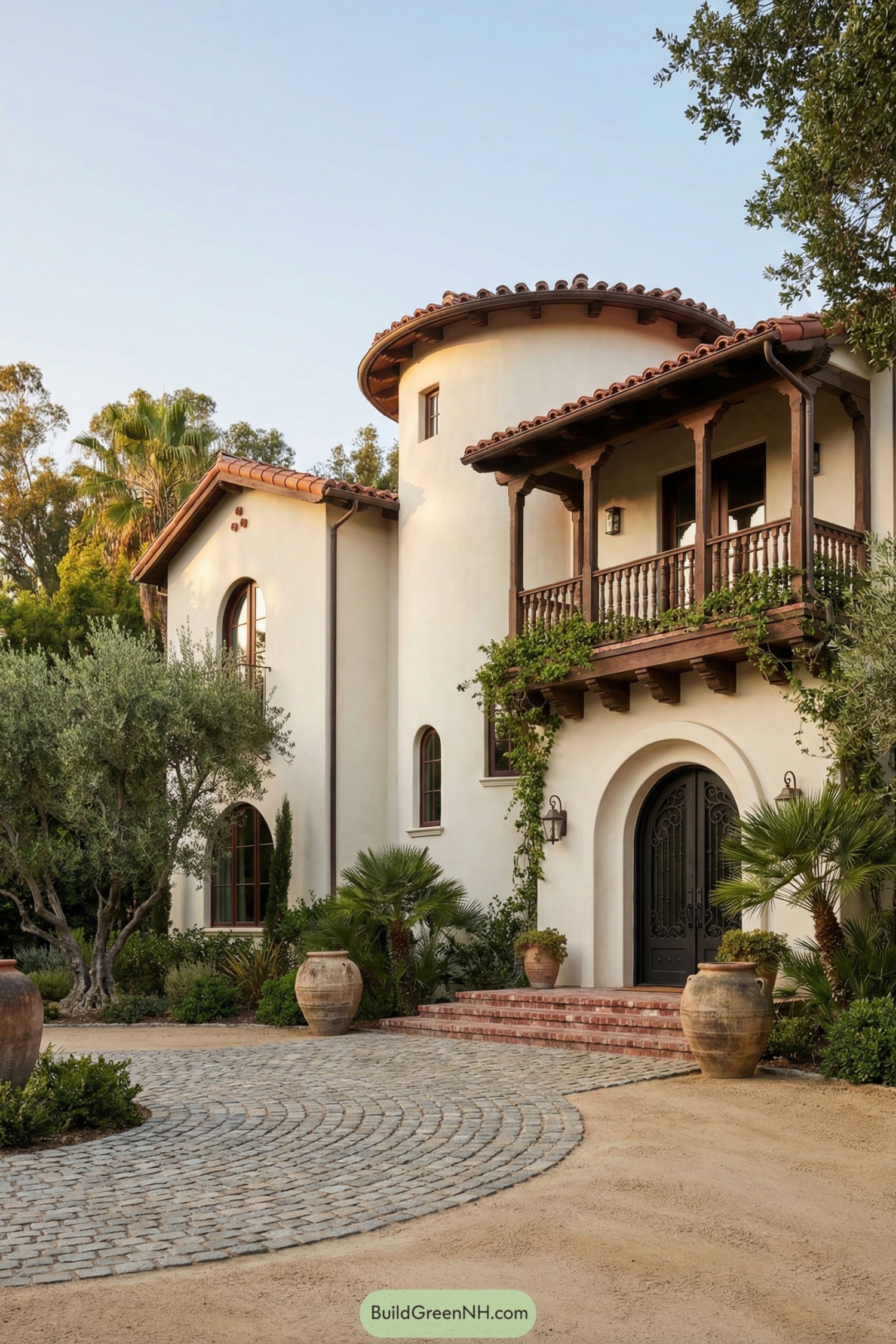 Stucco Spanish style house with a round tower, tile roof, balcony, and cobblestone drive framed by Mediterranean landscaping