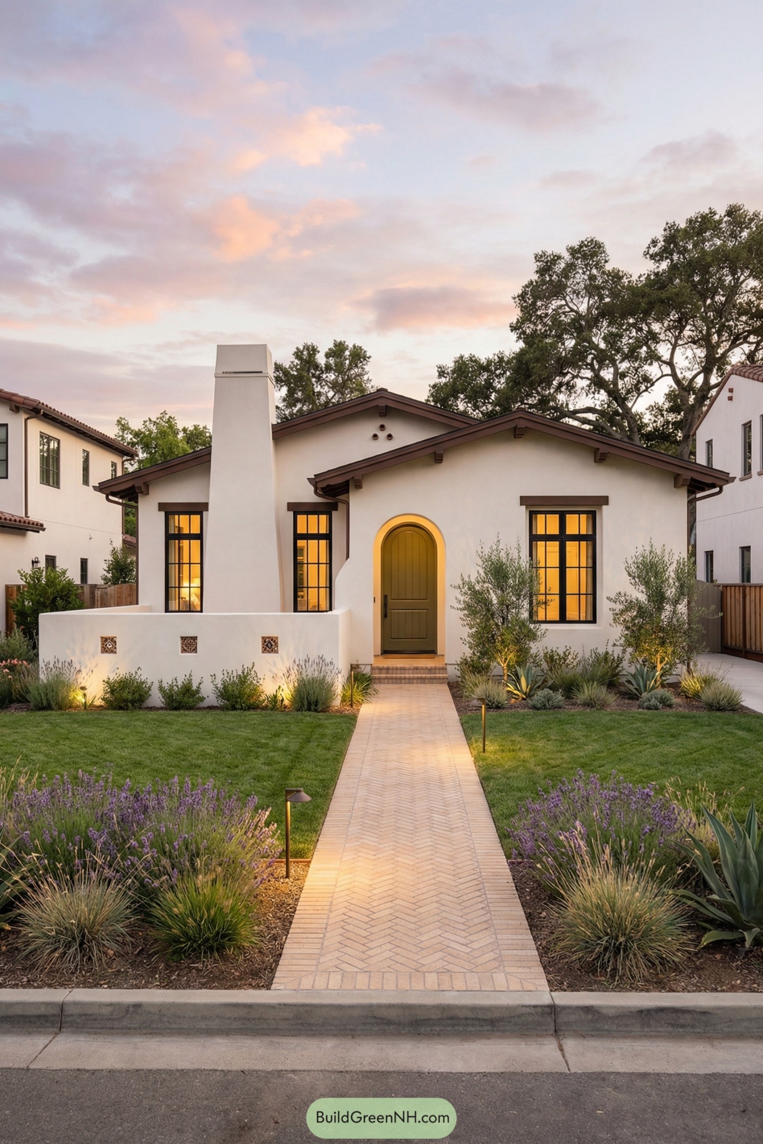 Single story Spanish style home with arched entry, front chimney, and lush landscaped path at sunset