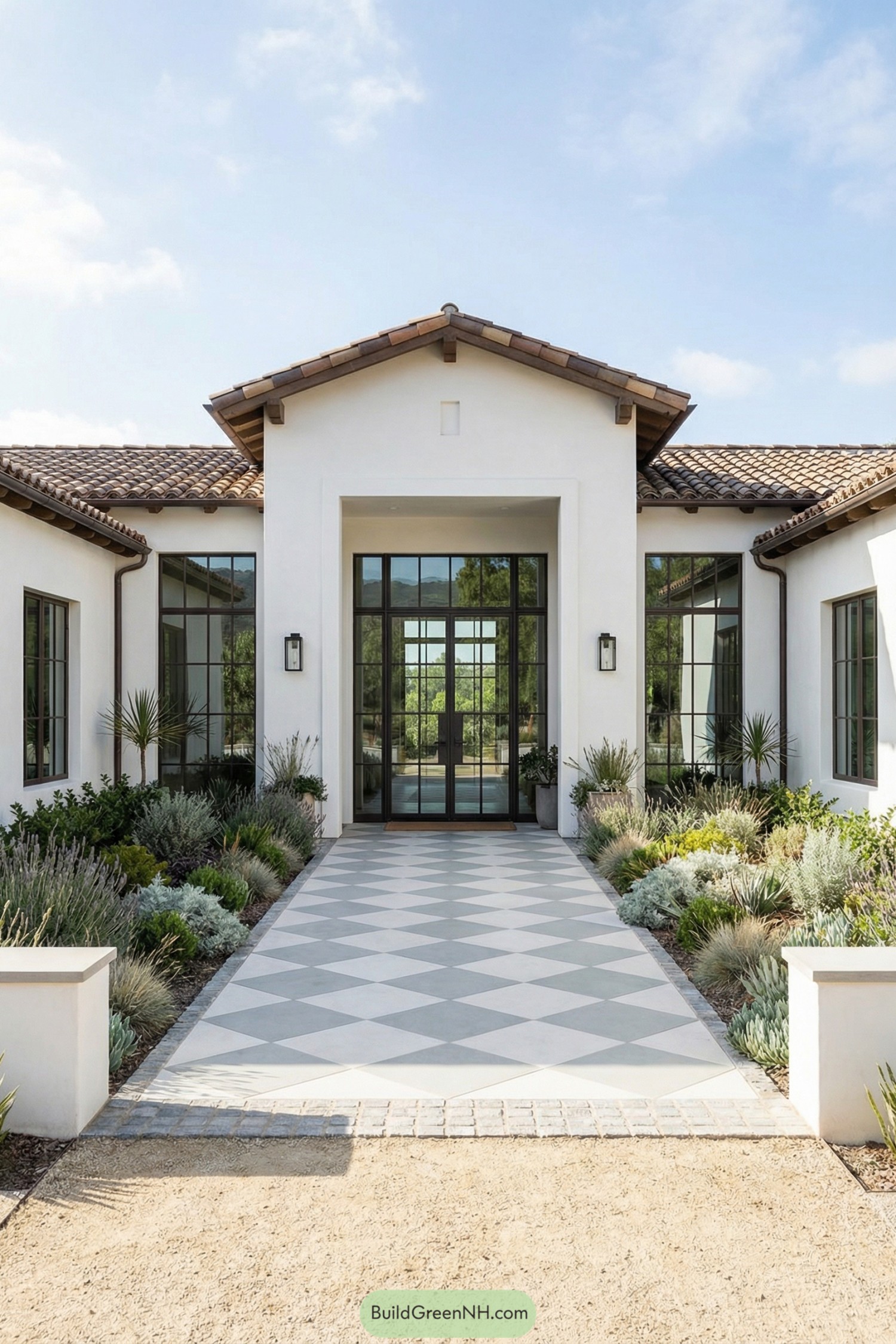 White Spanish-style home with checkerboard entry path
