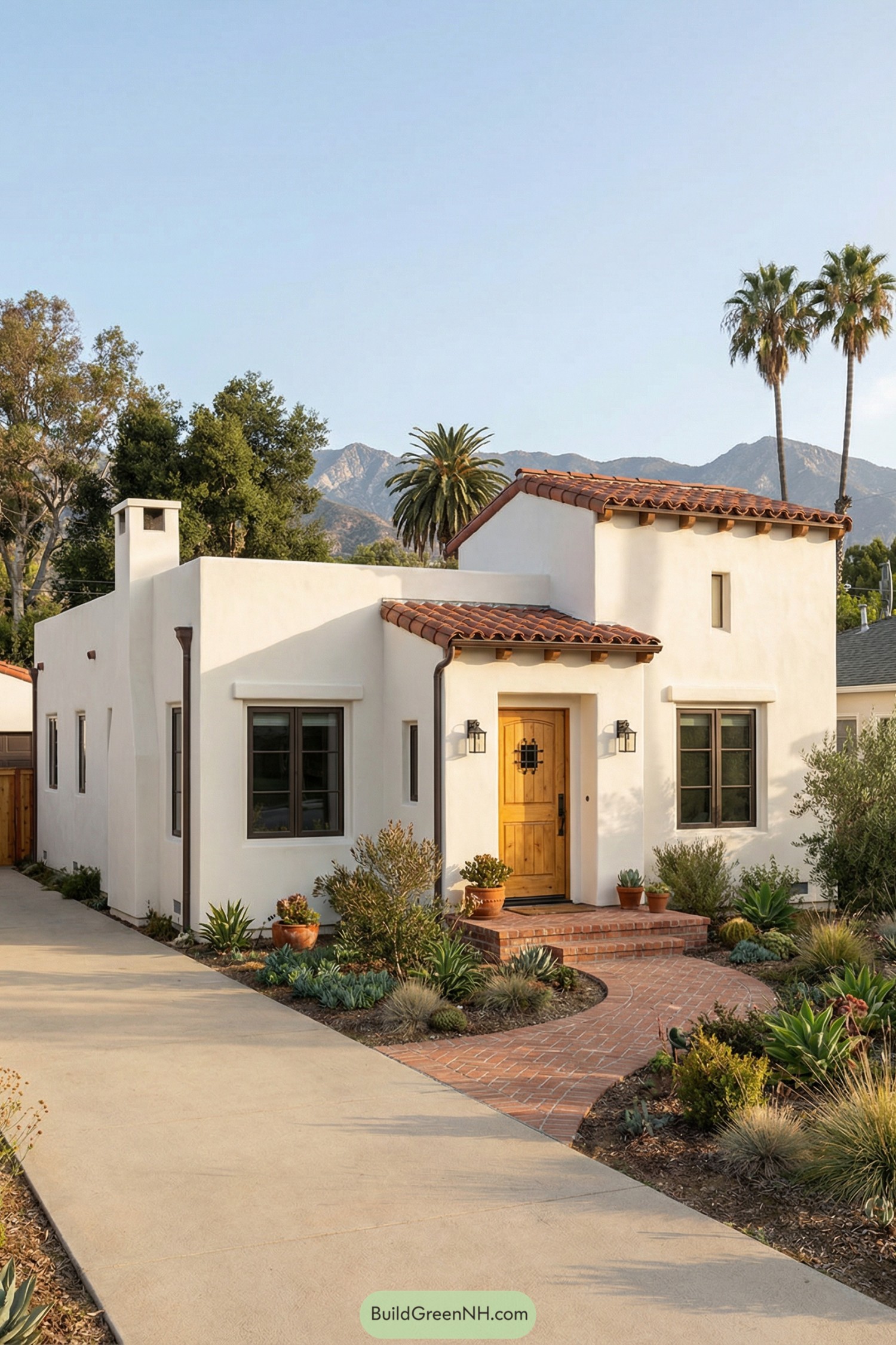 White stucco Spanish-style house with red tile roof and curved brick walkway through desert landscaping