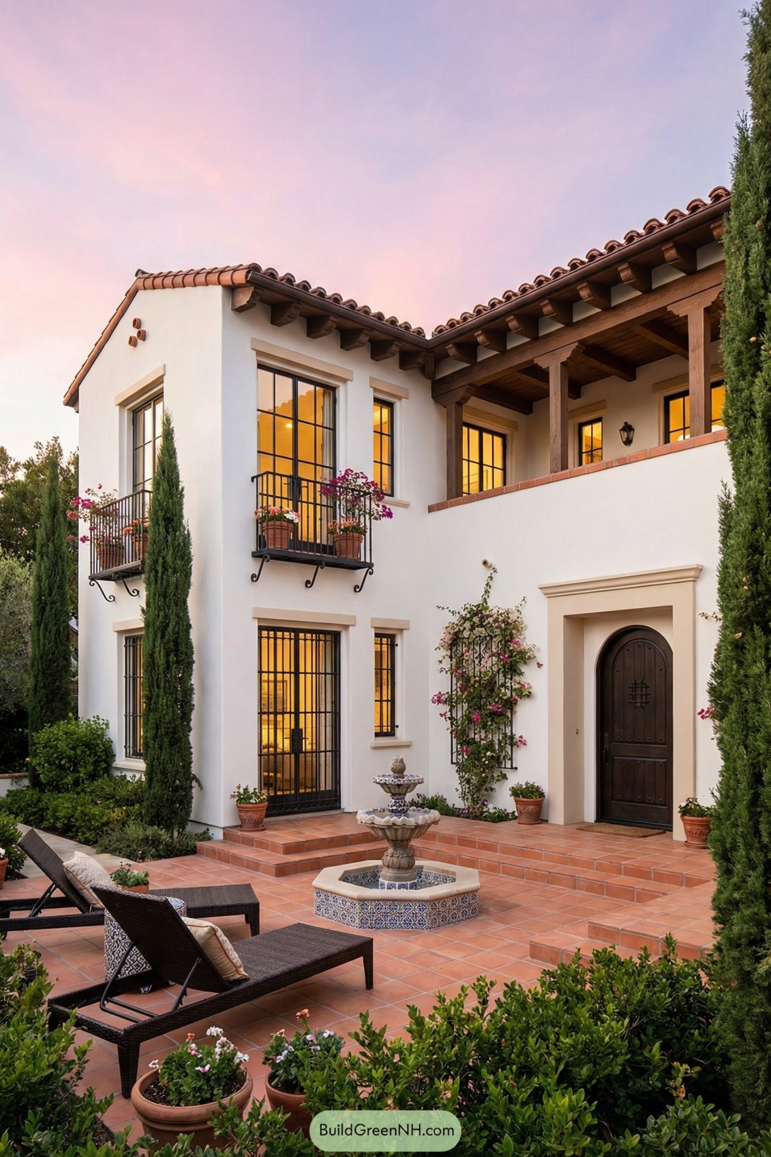 Two story white stucco Spanish style house with terracotta patio, central tiled fountain, and wrought iron balconies