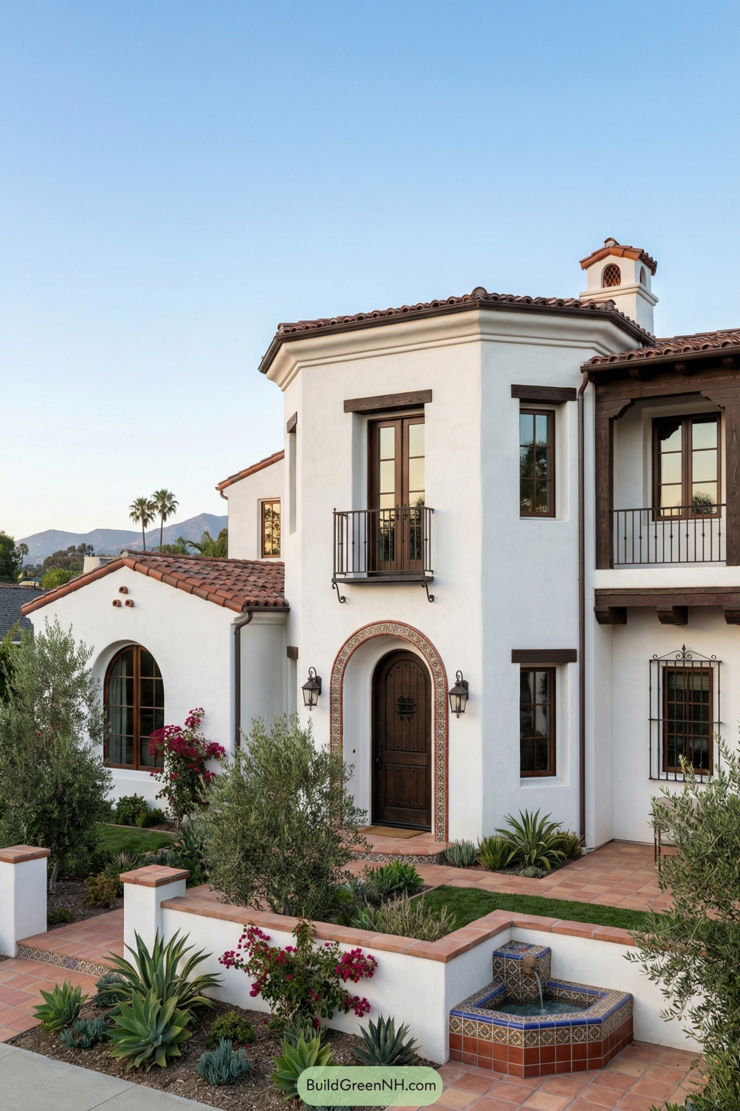 White stucco Spanish home with tower balcony and tiled fountain