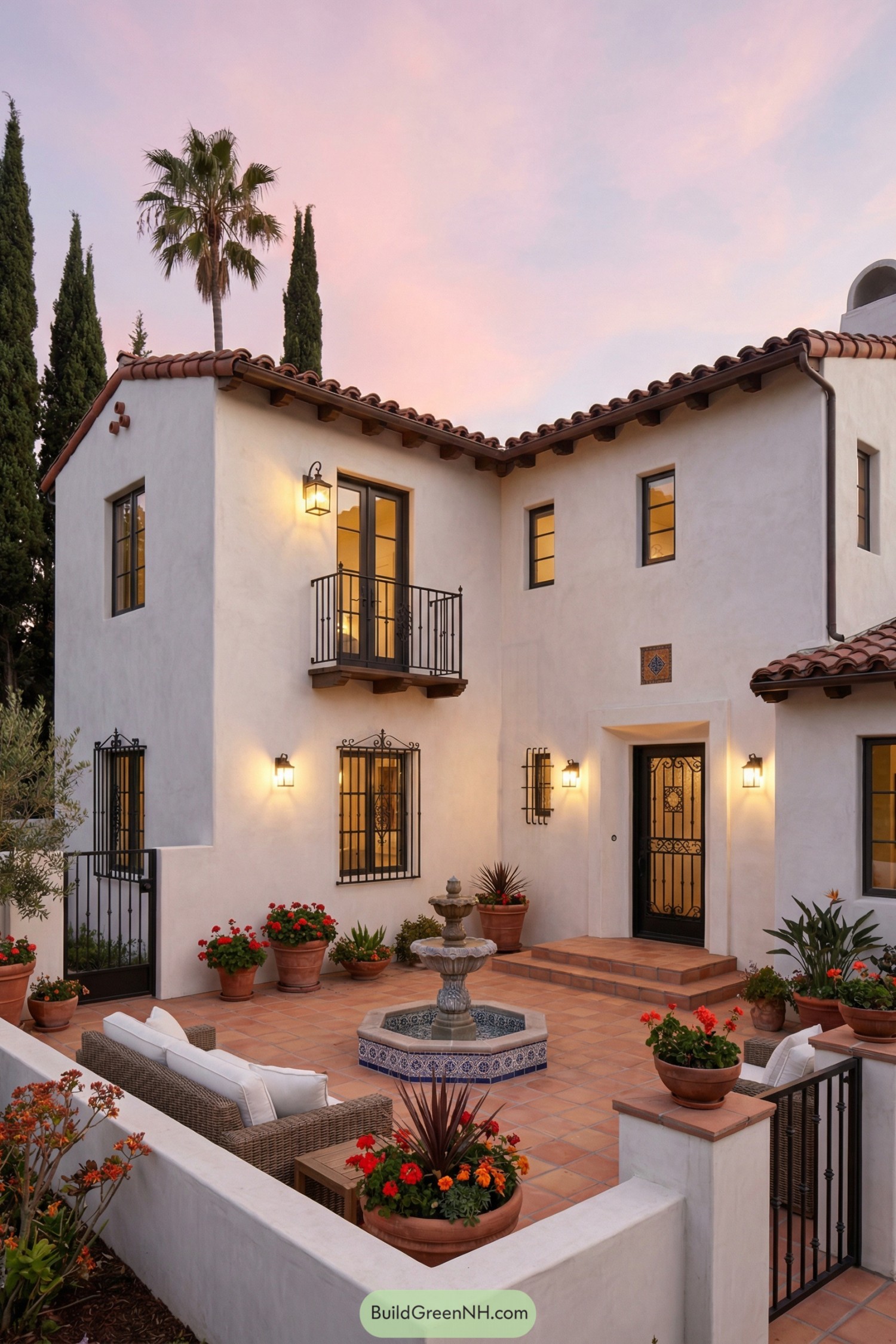 Two story white stucco Spanish house with tiled courtyard and central fountain