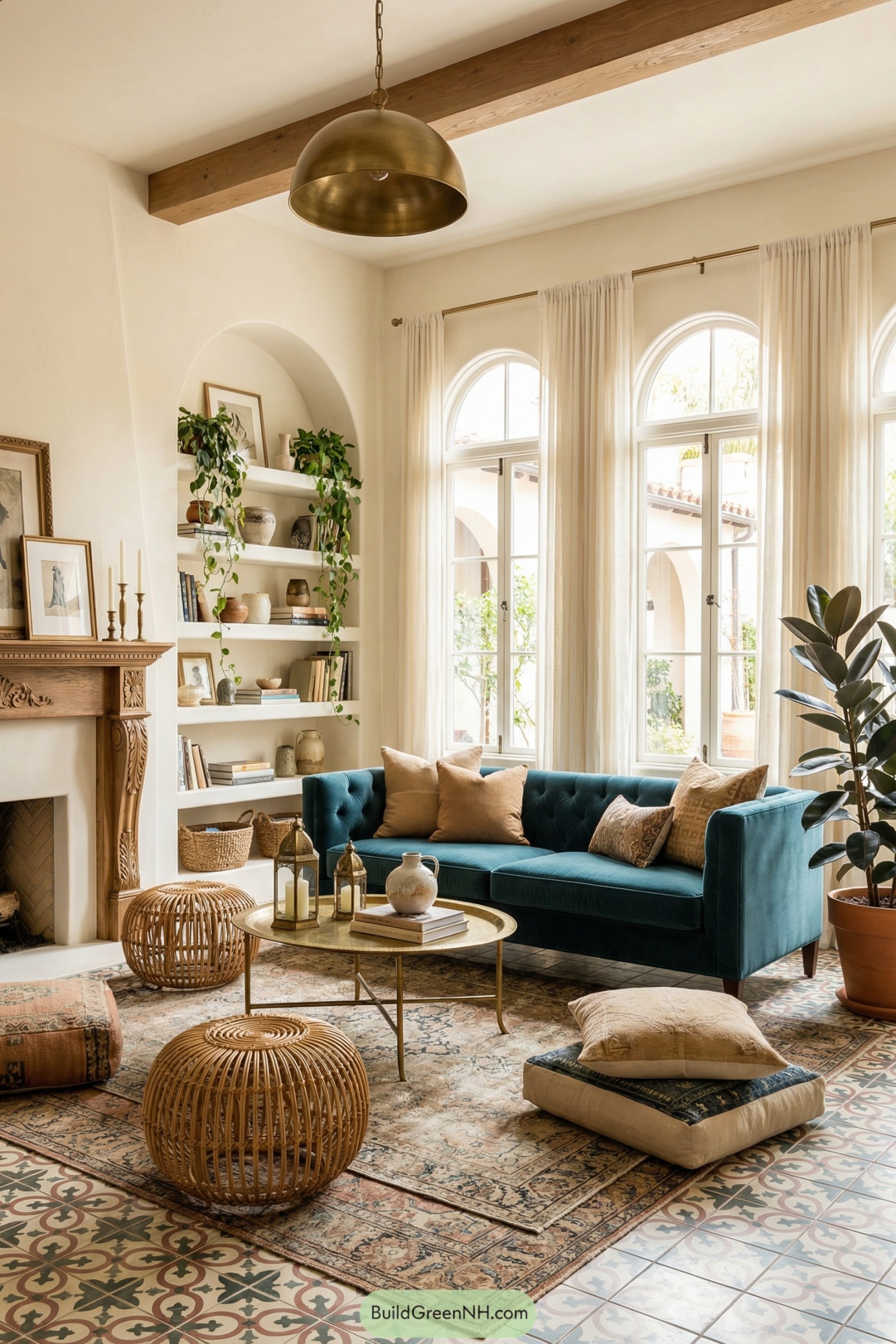 Bright Mediterranean style living room with teal sofa arched windows and rattan accents