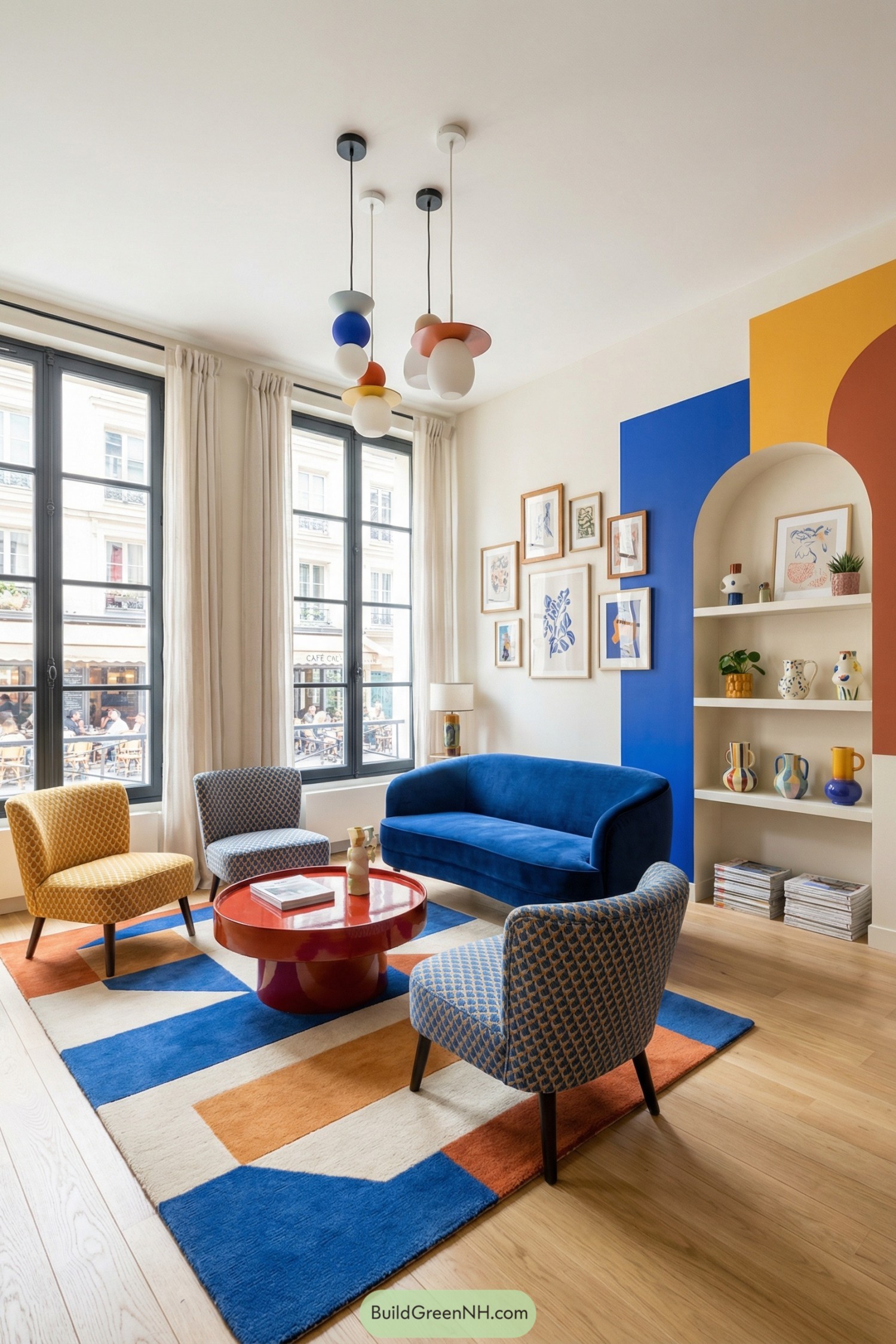 Colorful modern living room with bold geometric furniture and wall accents