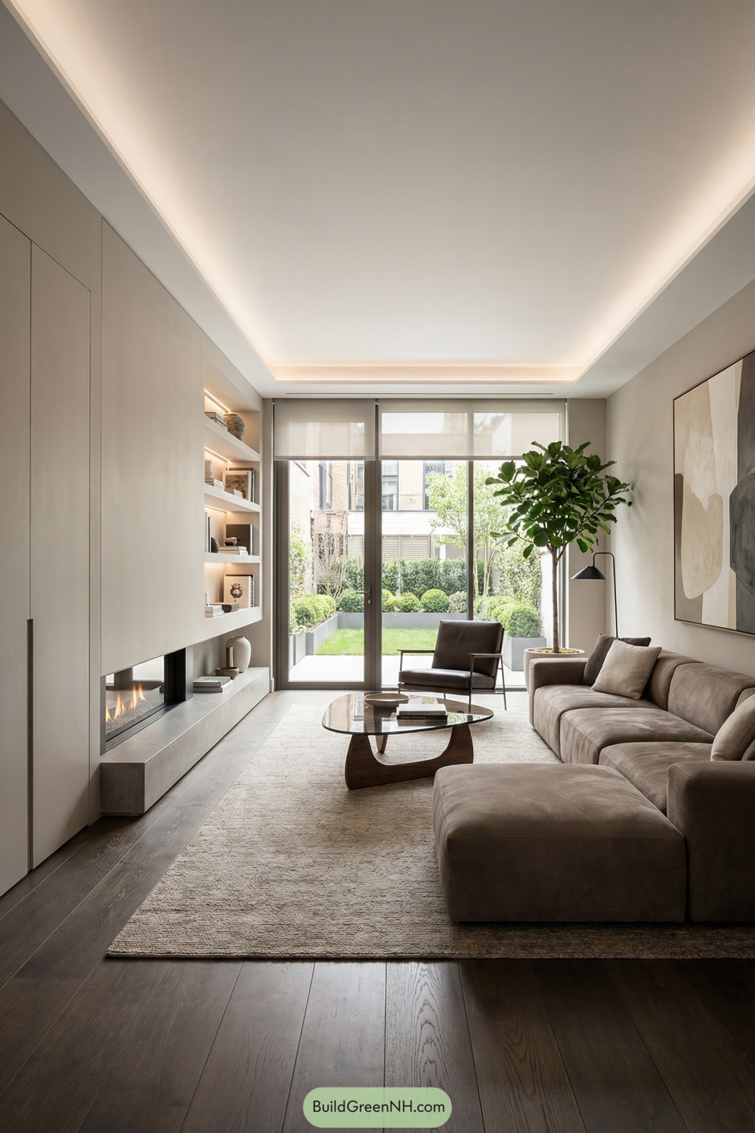 Minimalist neutral living room opening to garden