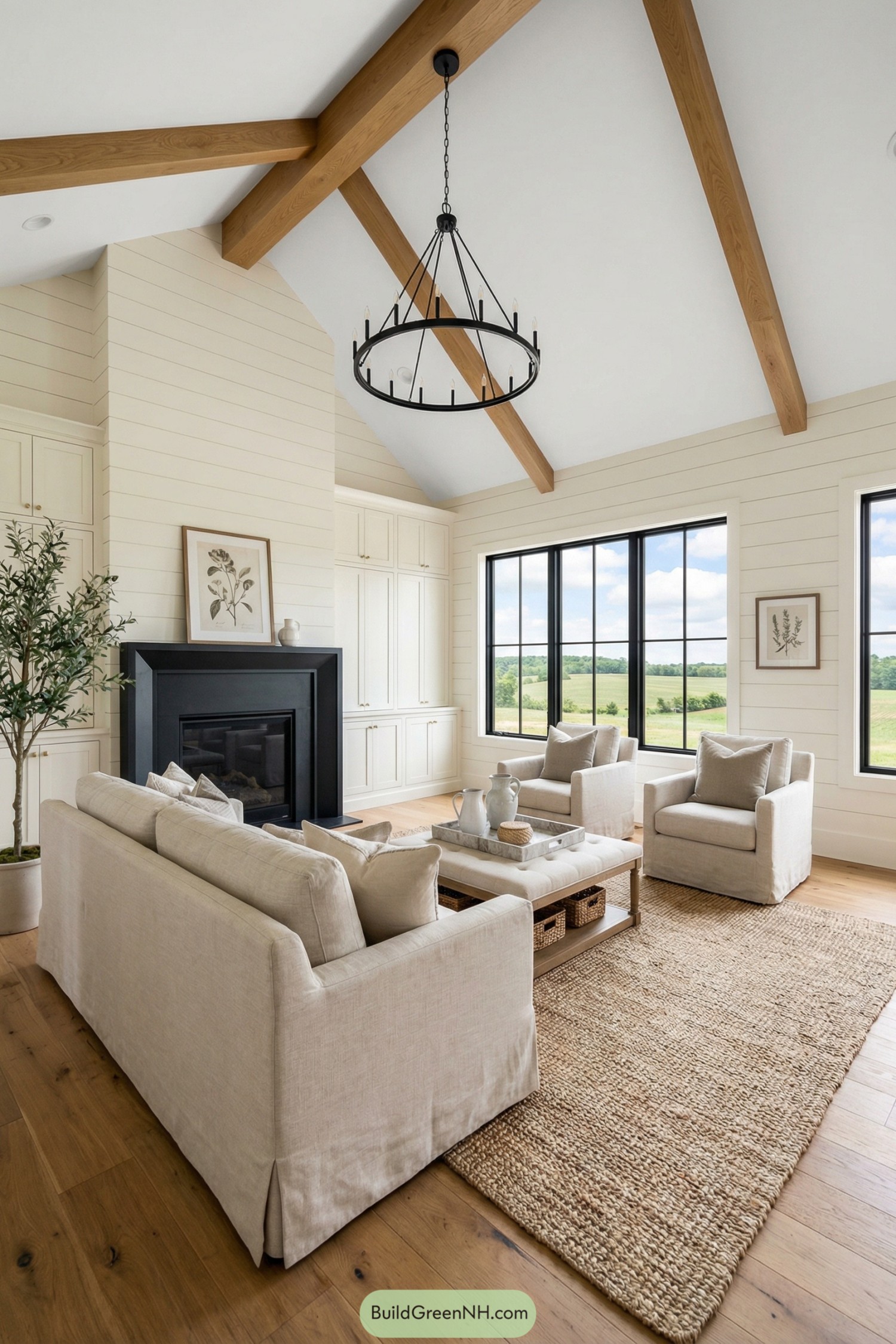 Bright farmhouse living room with neutral sofas, black framed windows, and vaulted wood beams