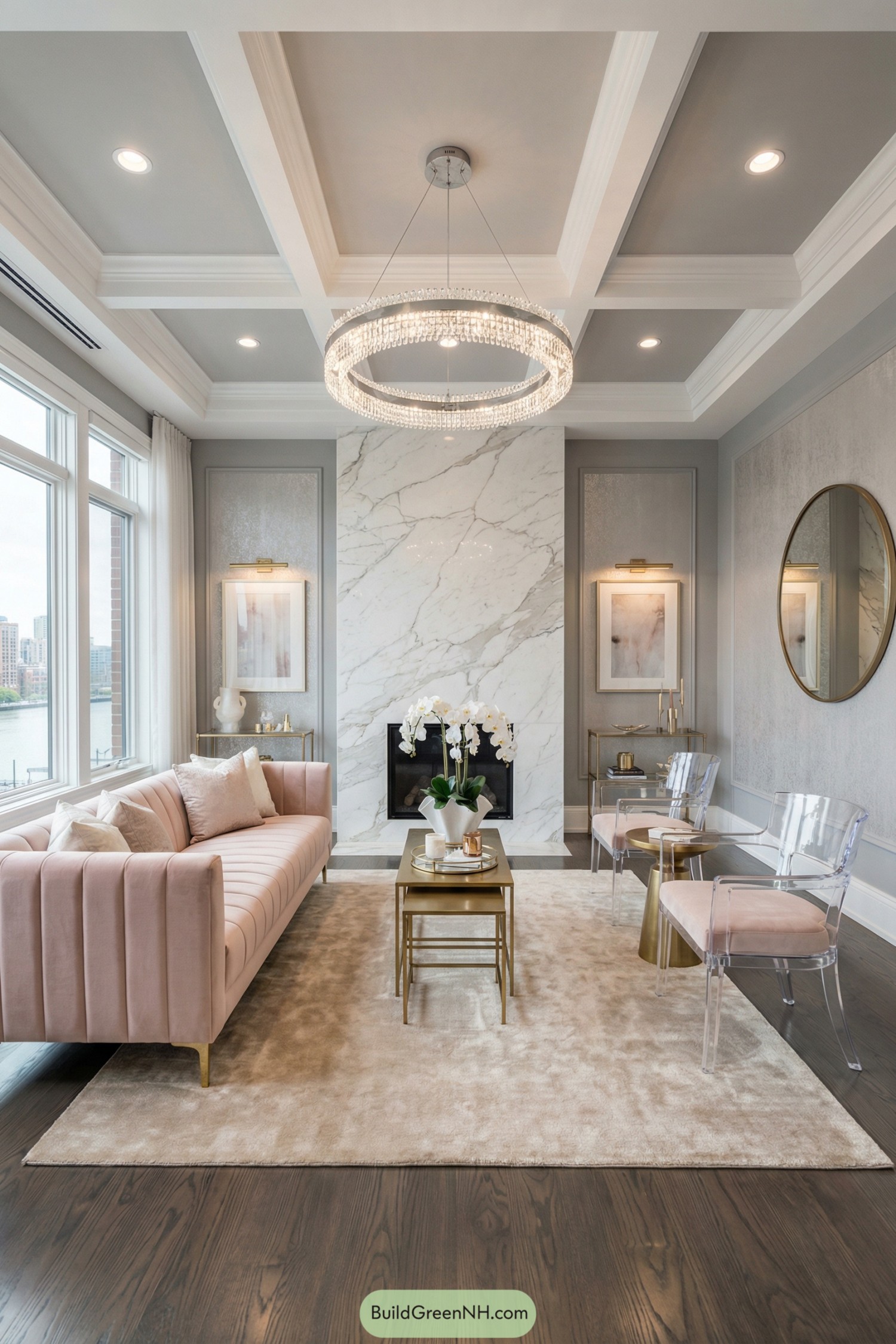 Elegant blush and marble living room with chandelier
