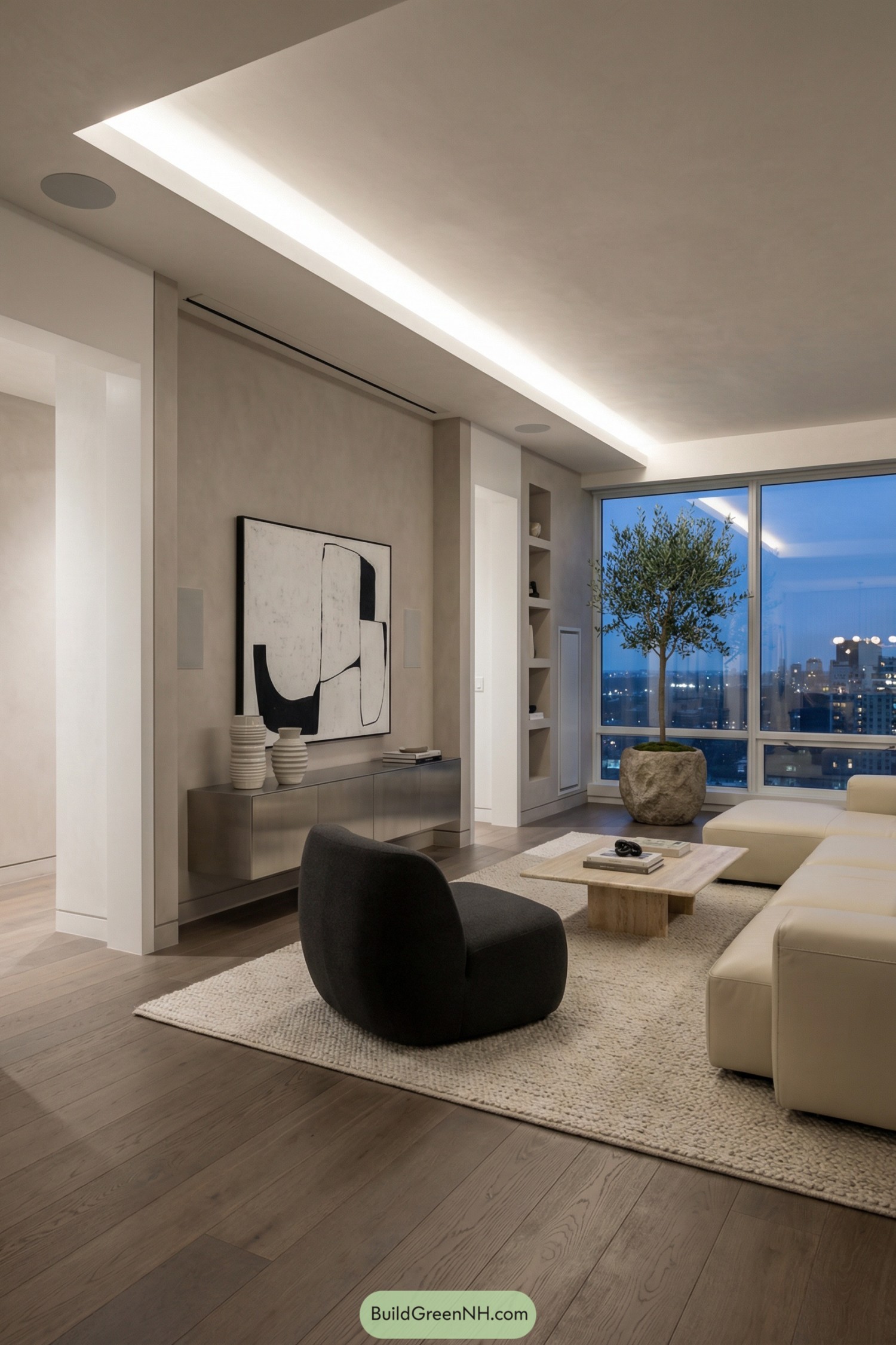 Modern neutral living room with abstract art and city view