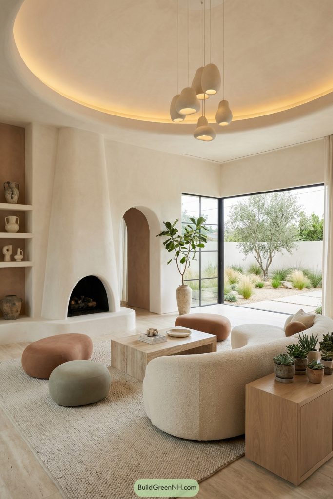high-res photo of chic living room with a contemporary organic-modern aesthetic, cream, clay, and muted sage palette, curved doorway and a plastered sculptural fireplace, hand-troweled walls, corner windows with a view of a minimalist garden, light travertine floors, softly domed ceiling with concealed uplighting, plaster, boucle, and light oak materials, curved sofa and pebble-shaped ottomans, travertine block coffee table, textured rug, ceramic pendant lights, artisanal vessels, a single oversized branch in a floor vase, and a group of succulents on a low console; single photo, high-resolution, real estate staging photography, strictly no collages.