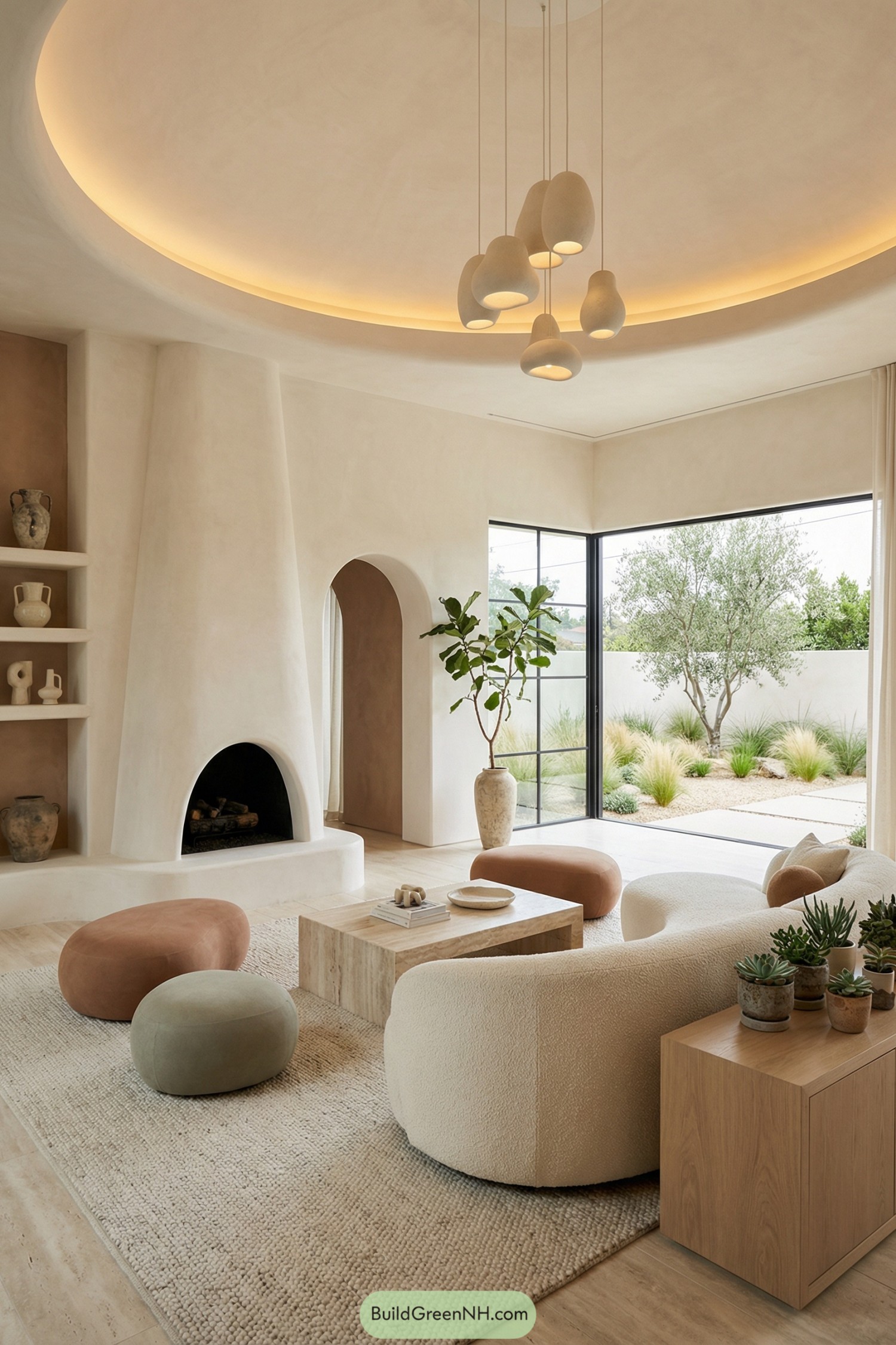 Minimalist beige living room with sculpted fireplace and curved furniture