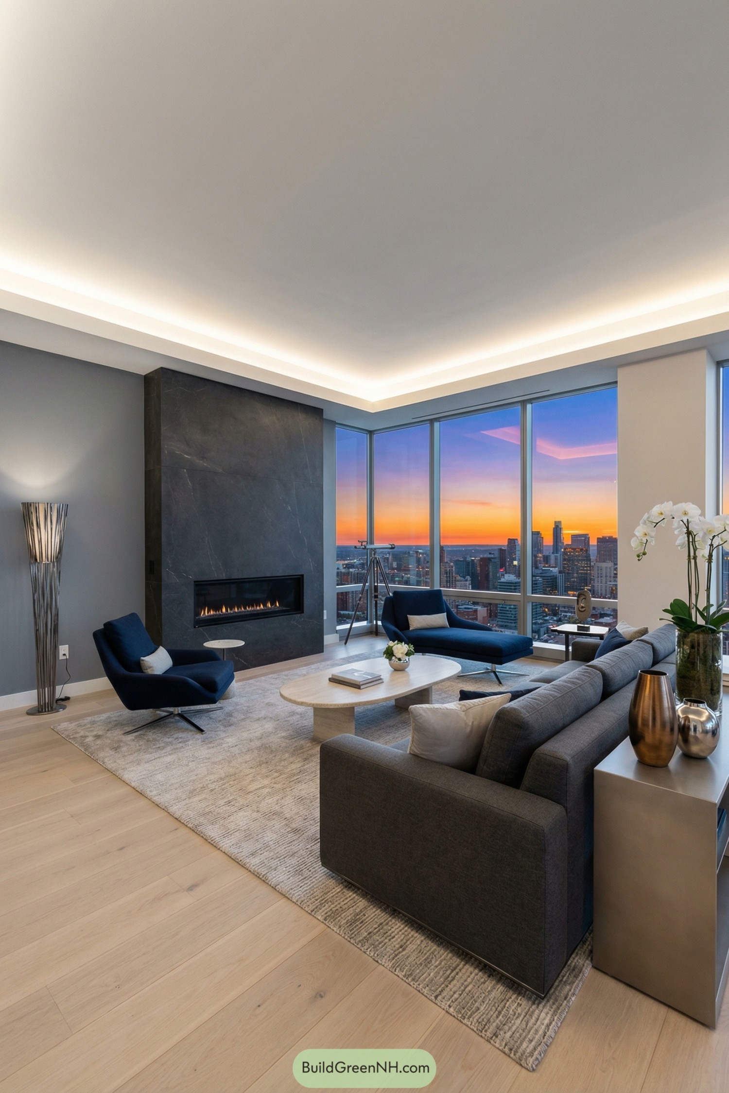 Modern high rise living room with sleek fireplace and panoramic sunset city view