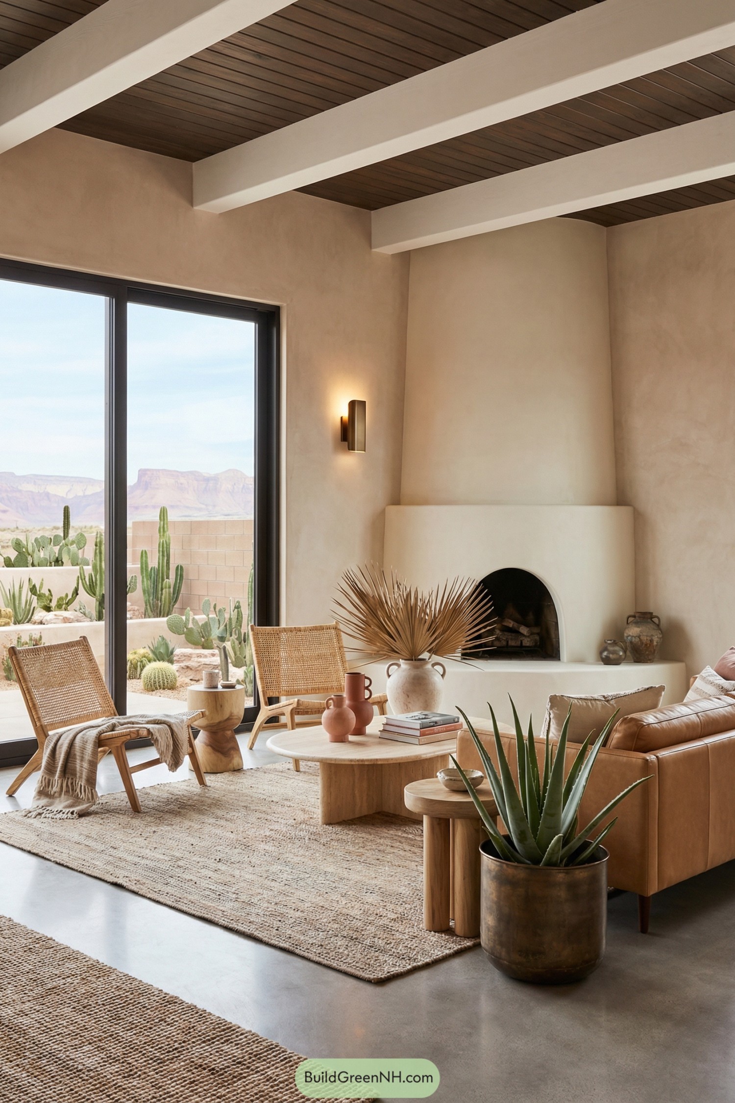 Warm desert inspired living room with plaster fireplace, woven furniture, and cacti views through large glass doors
