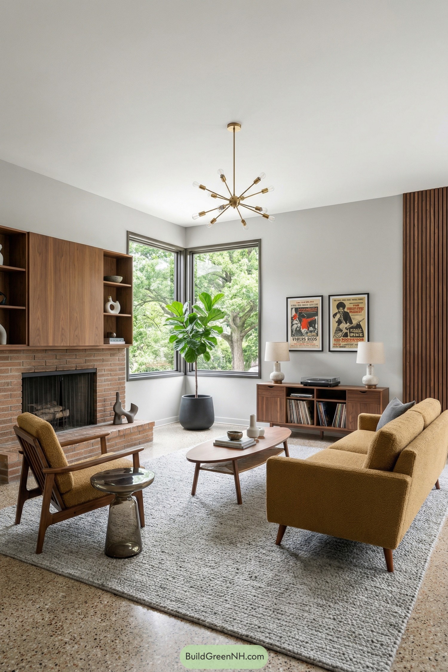 Midcentury living room with mustard seating and wood accents