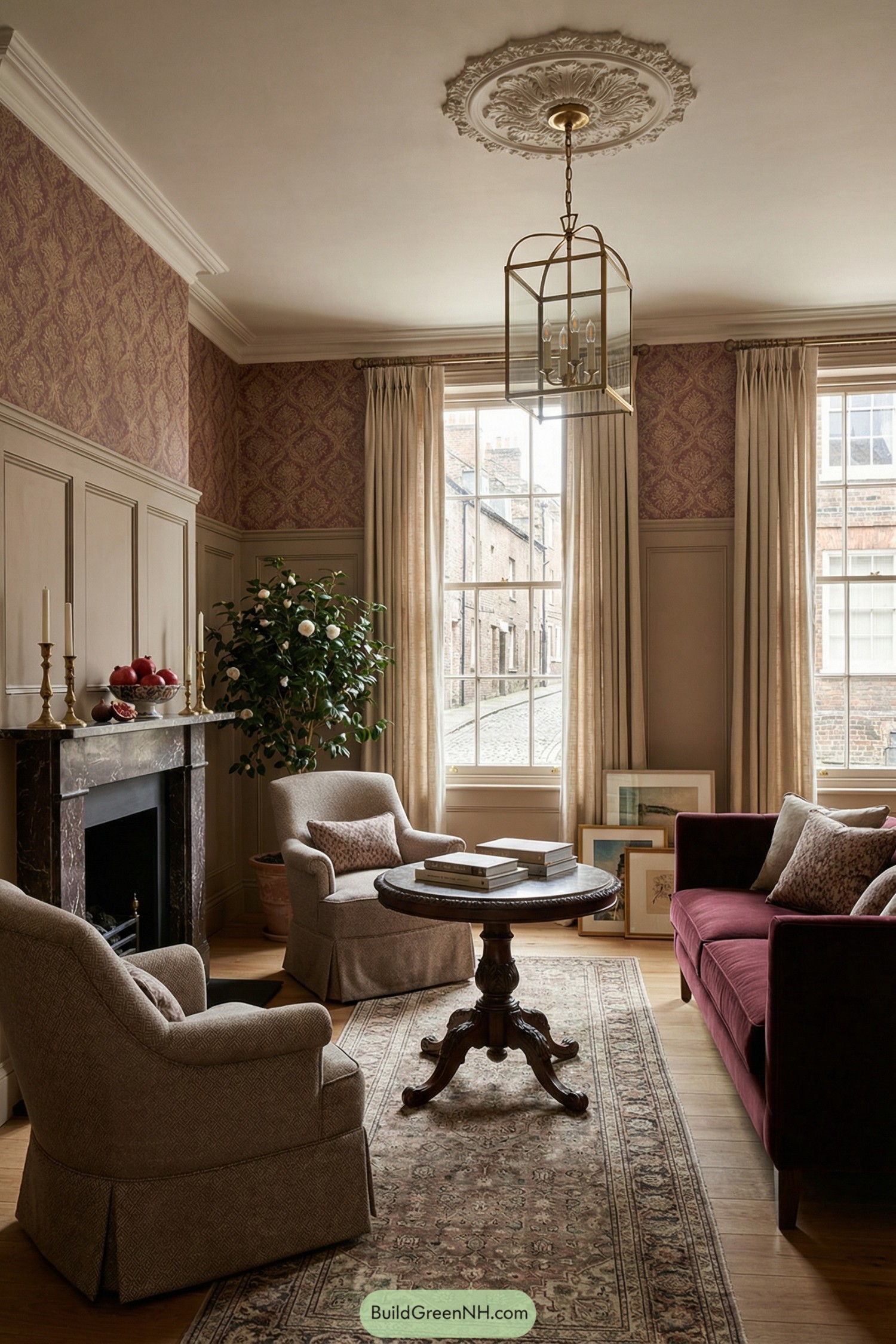Classic townhouse living room with velvet sofa and traditional furnishings