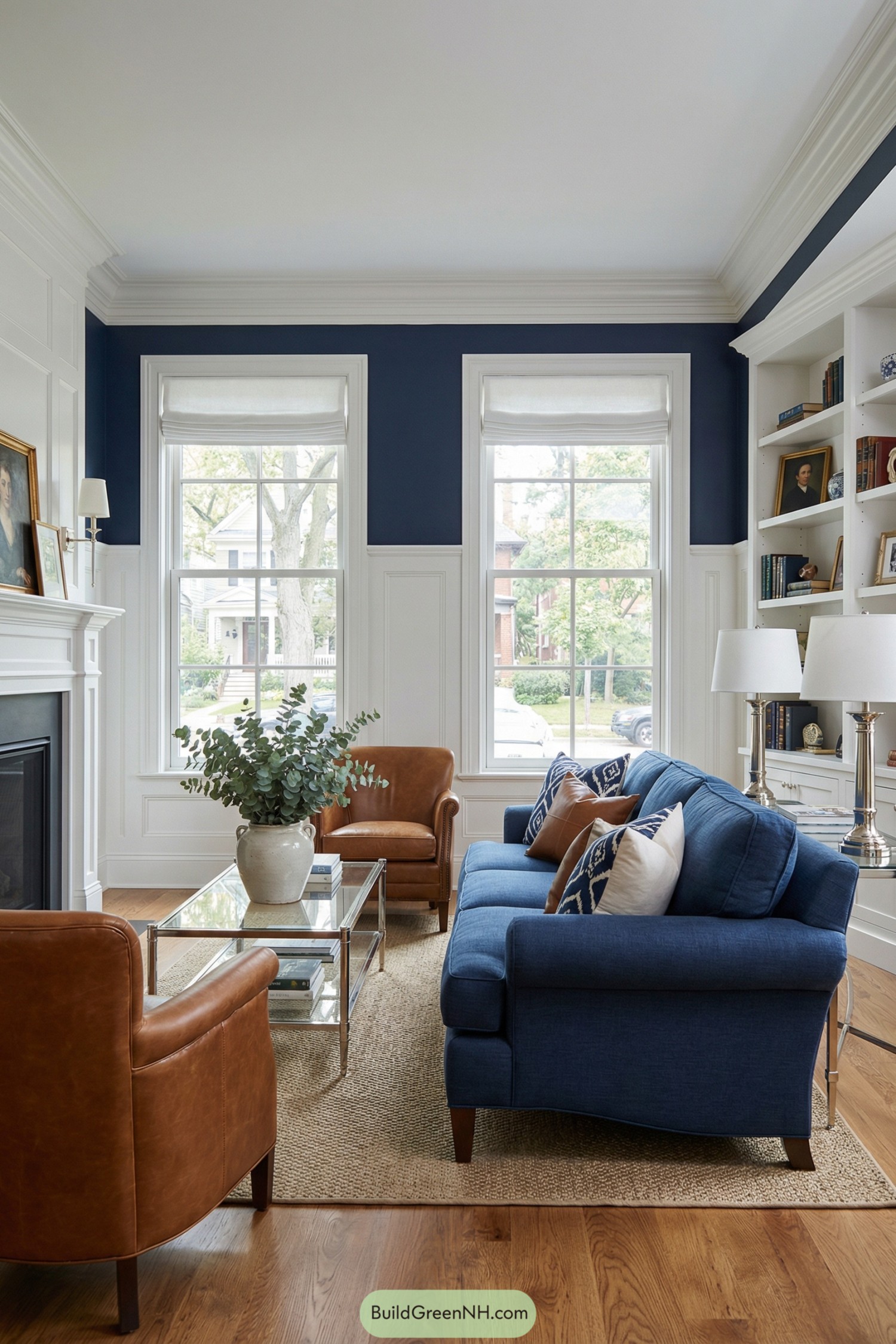 Elegant blue and white living room with leather chairs and large windows