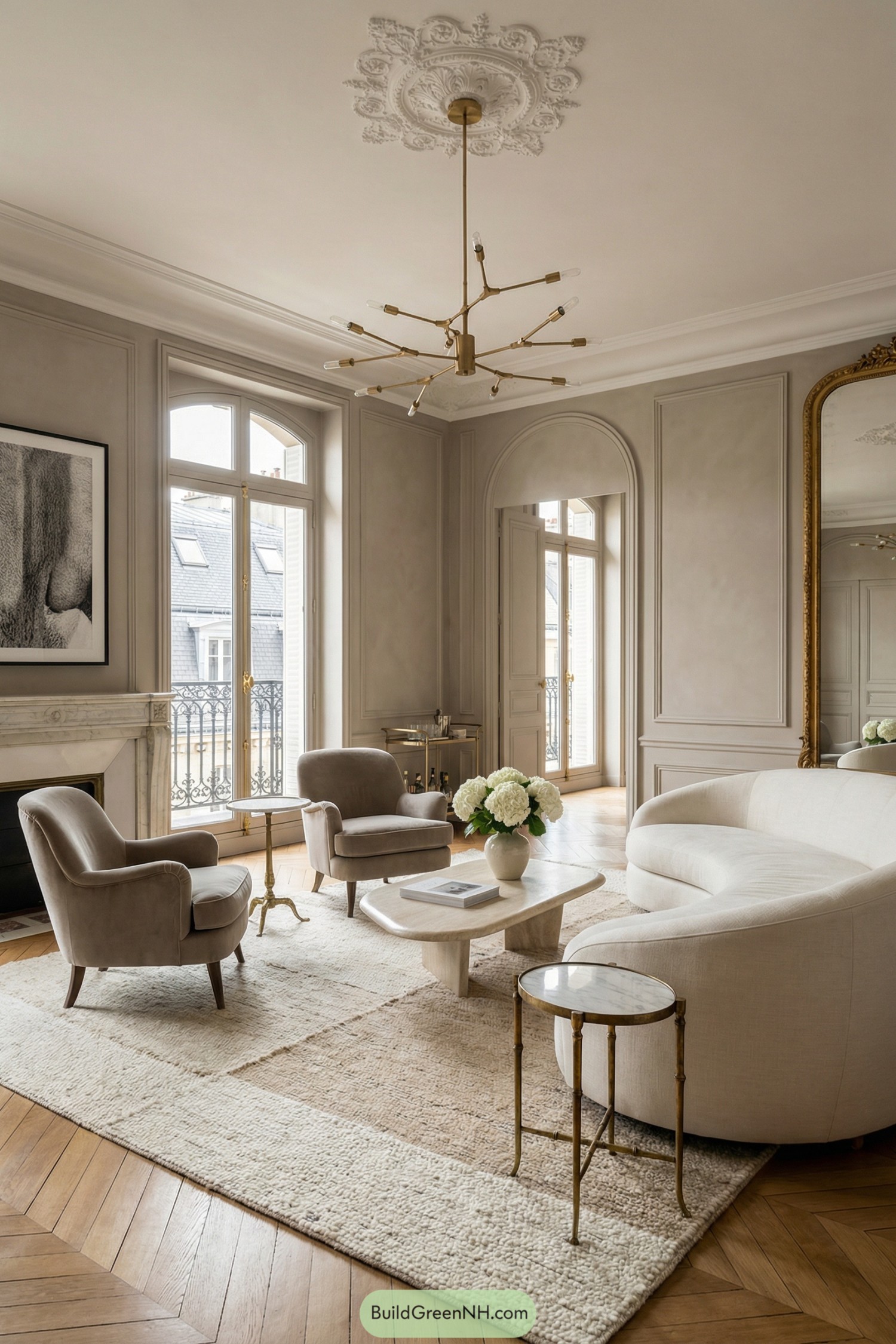 Elegant beige living room with curved sofa and gold accents