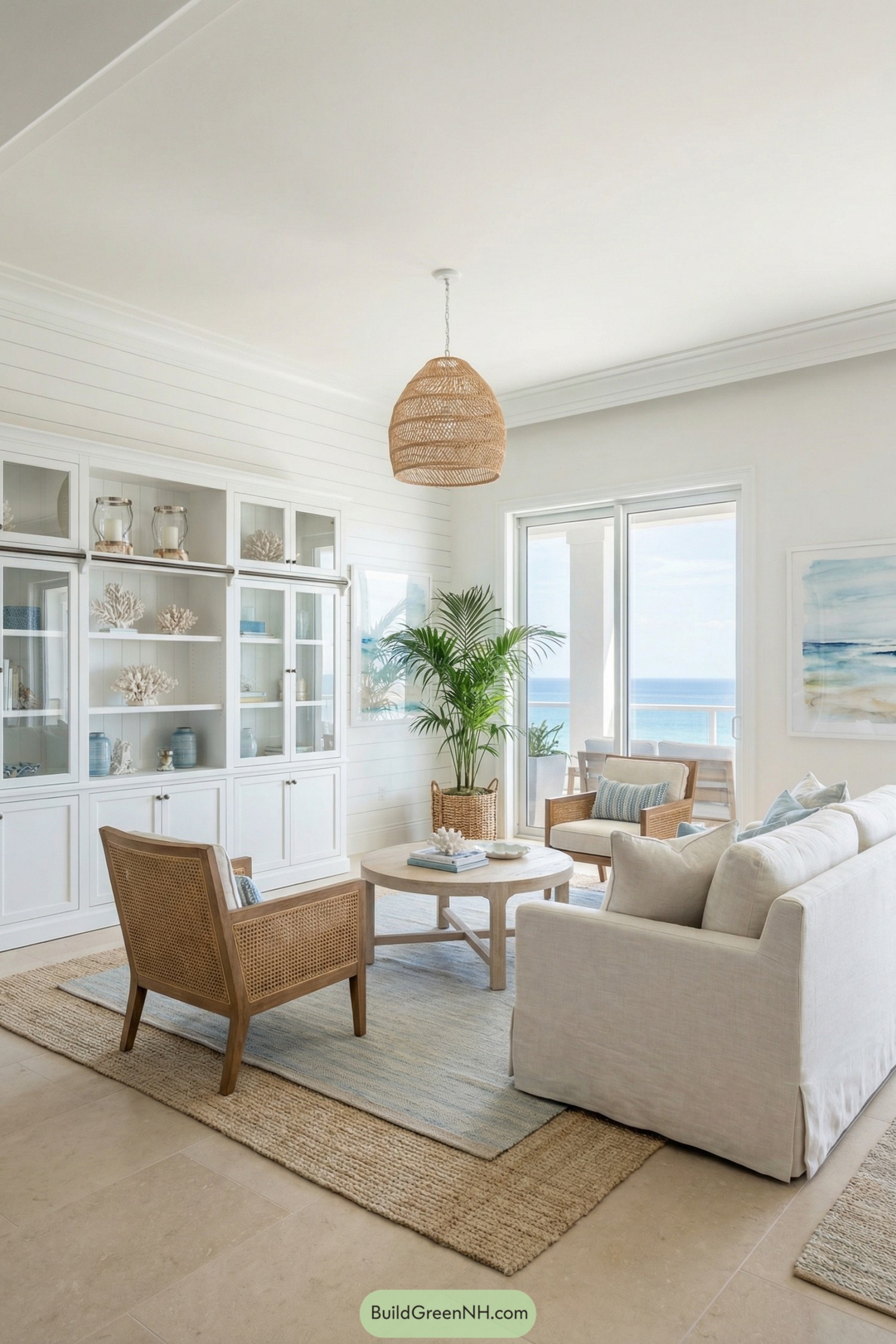 Bright coastal living room with white sofa, rattan chairs, and ocean view