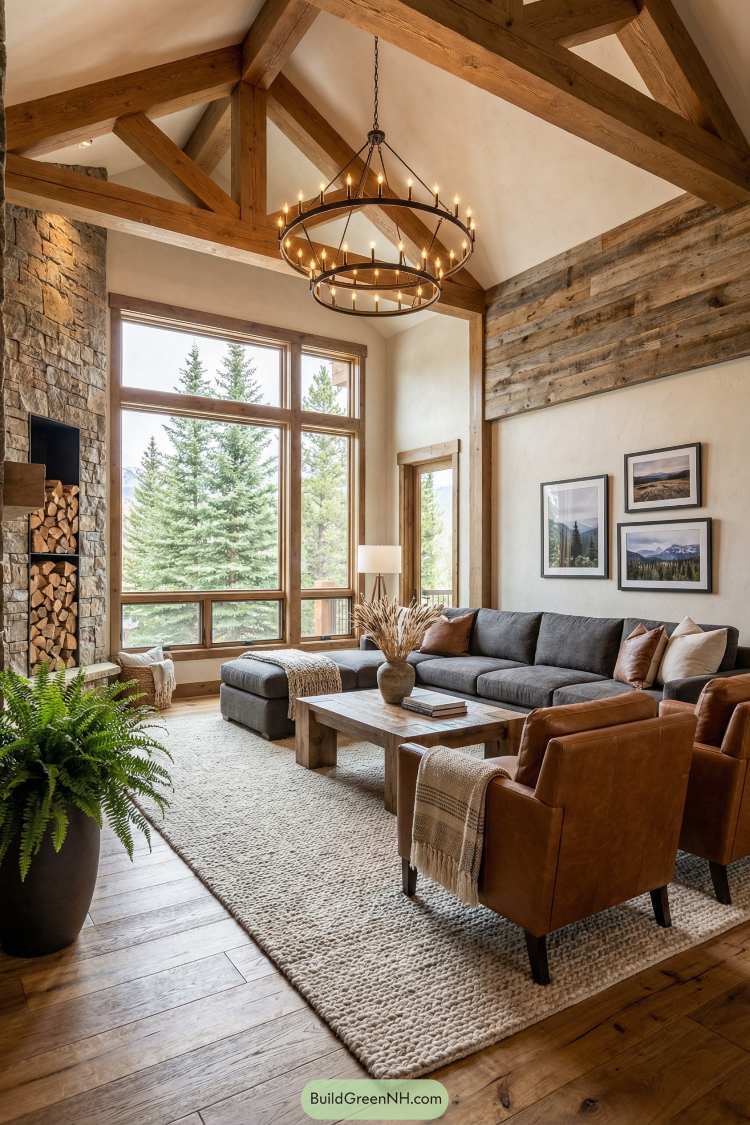 Cozy mountain living room with tall windows wood beams stone fireplace and neutral modern furniture