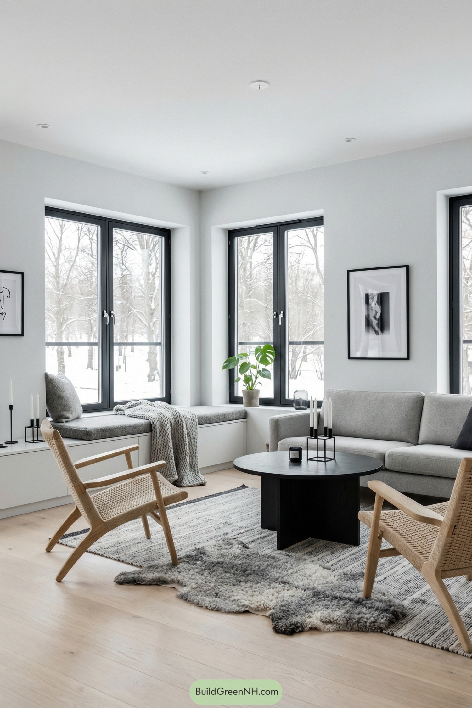 Scandinavian style living room with gray sofa, black framed windows, and cozy window bench