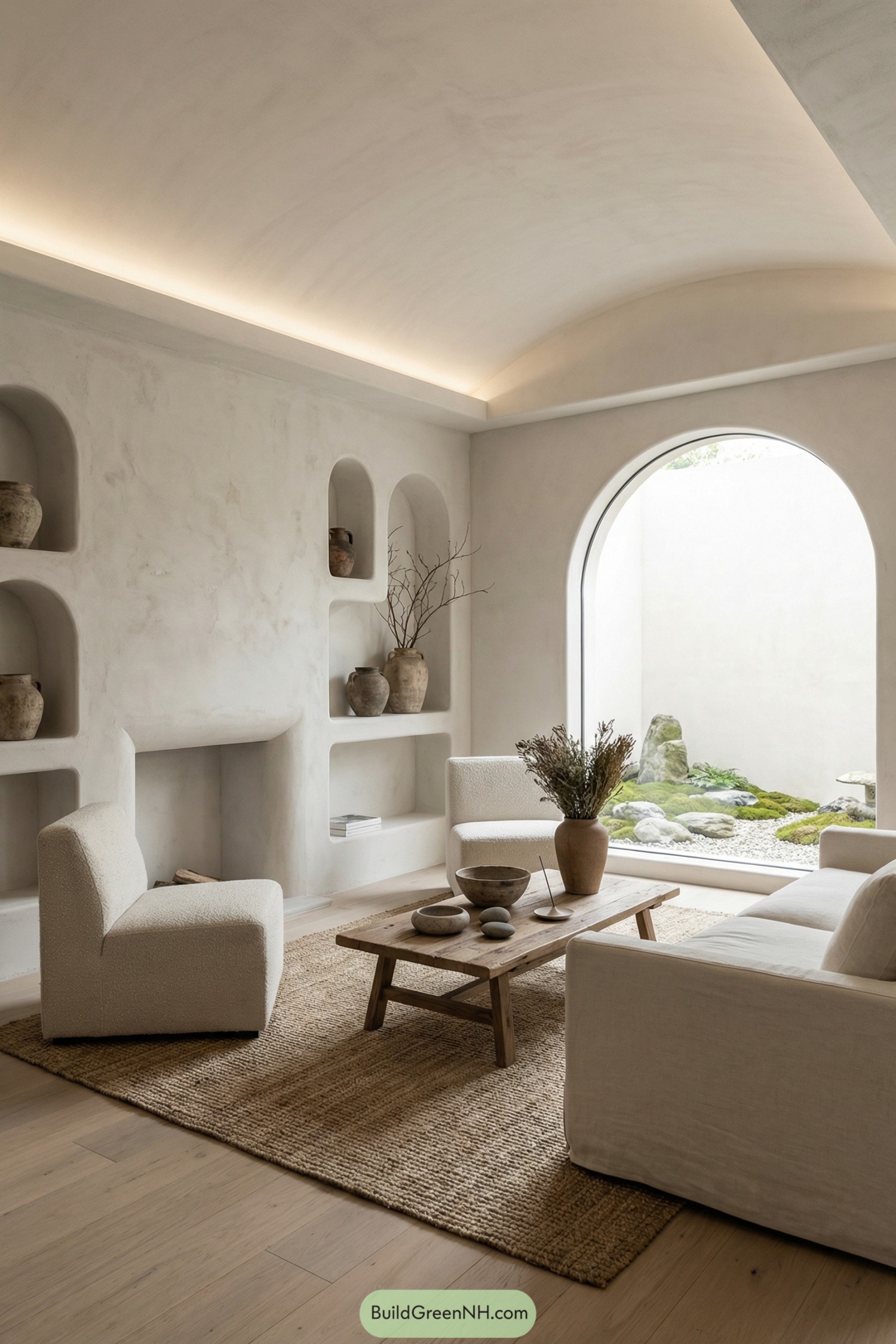 Minimal beige living room with arched window and built in shelves