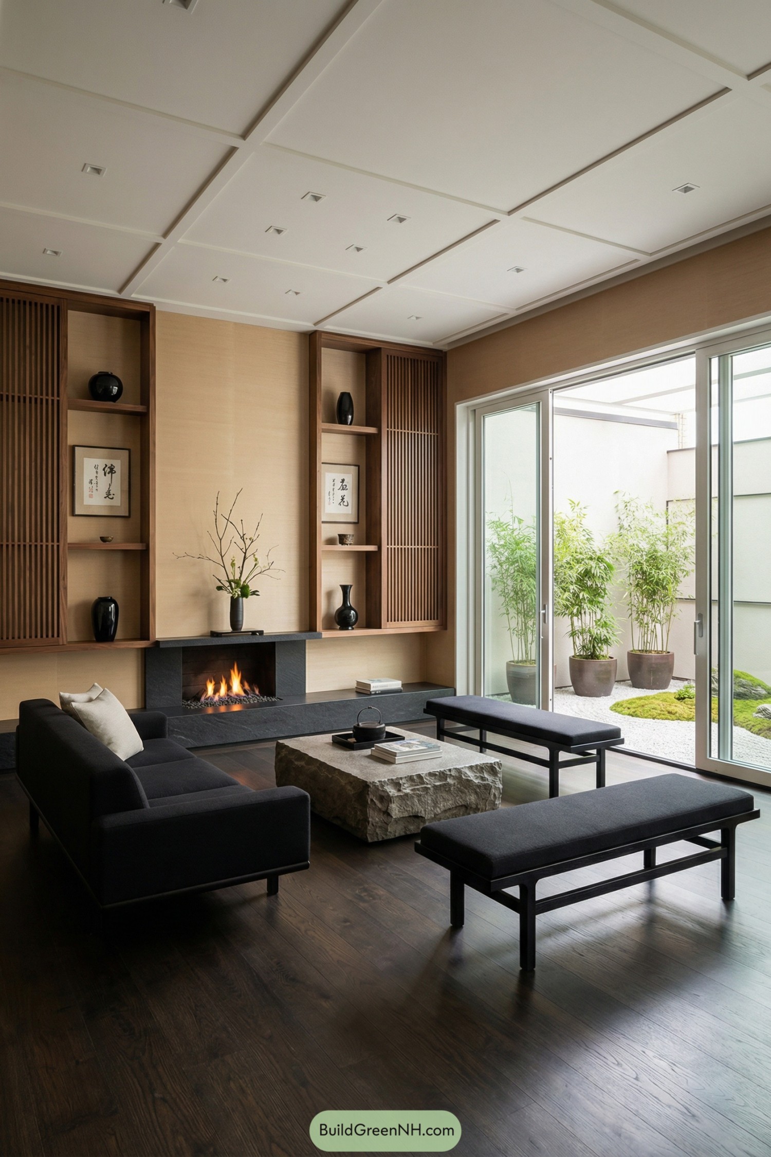 Calm modern living room with low dark seating, stone coffee table, wood built-ins, fireplace, and sliding doors opening to a bamboo courtyard