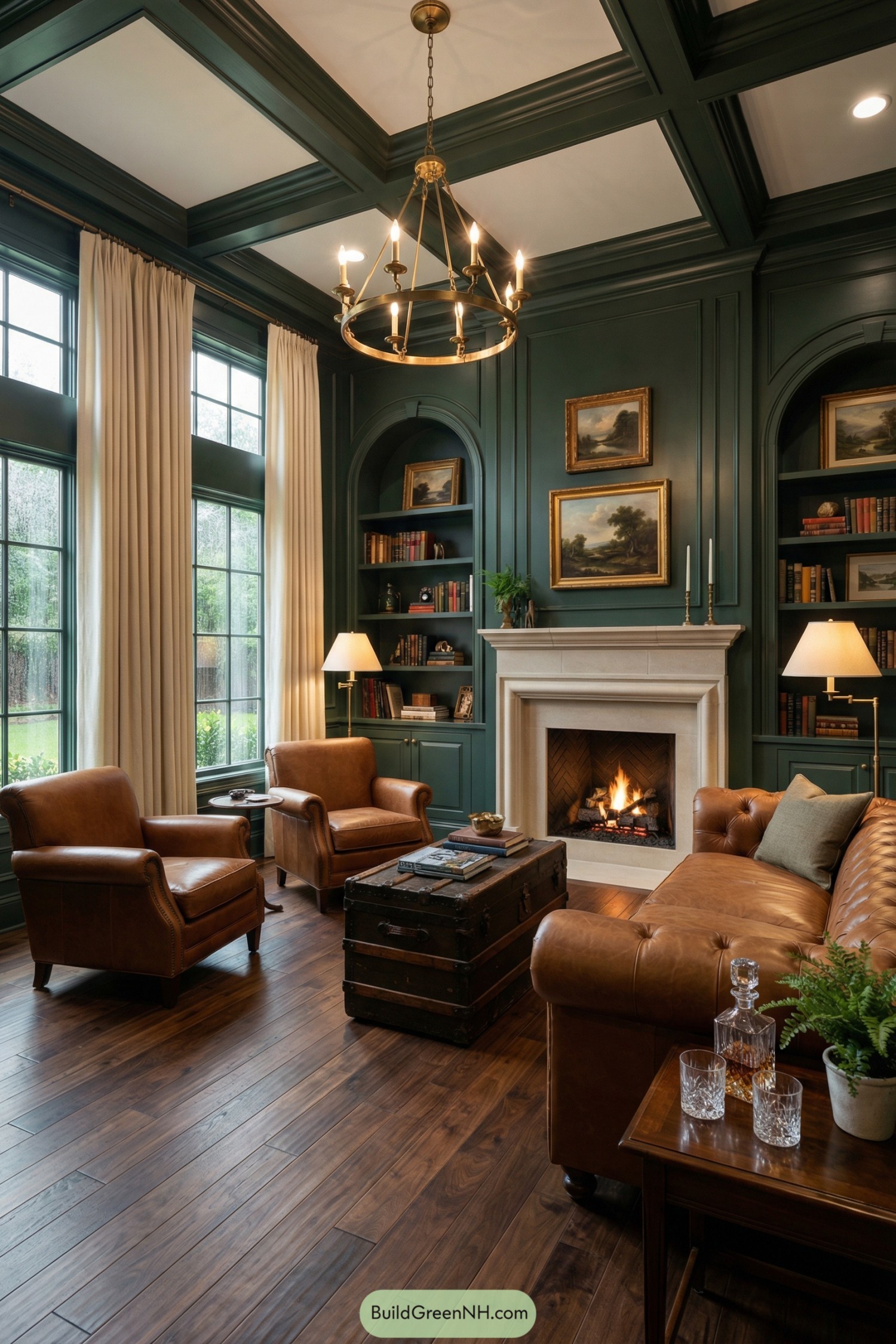 Classic green paneled living room with leather seating, fireplace, and tall windows