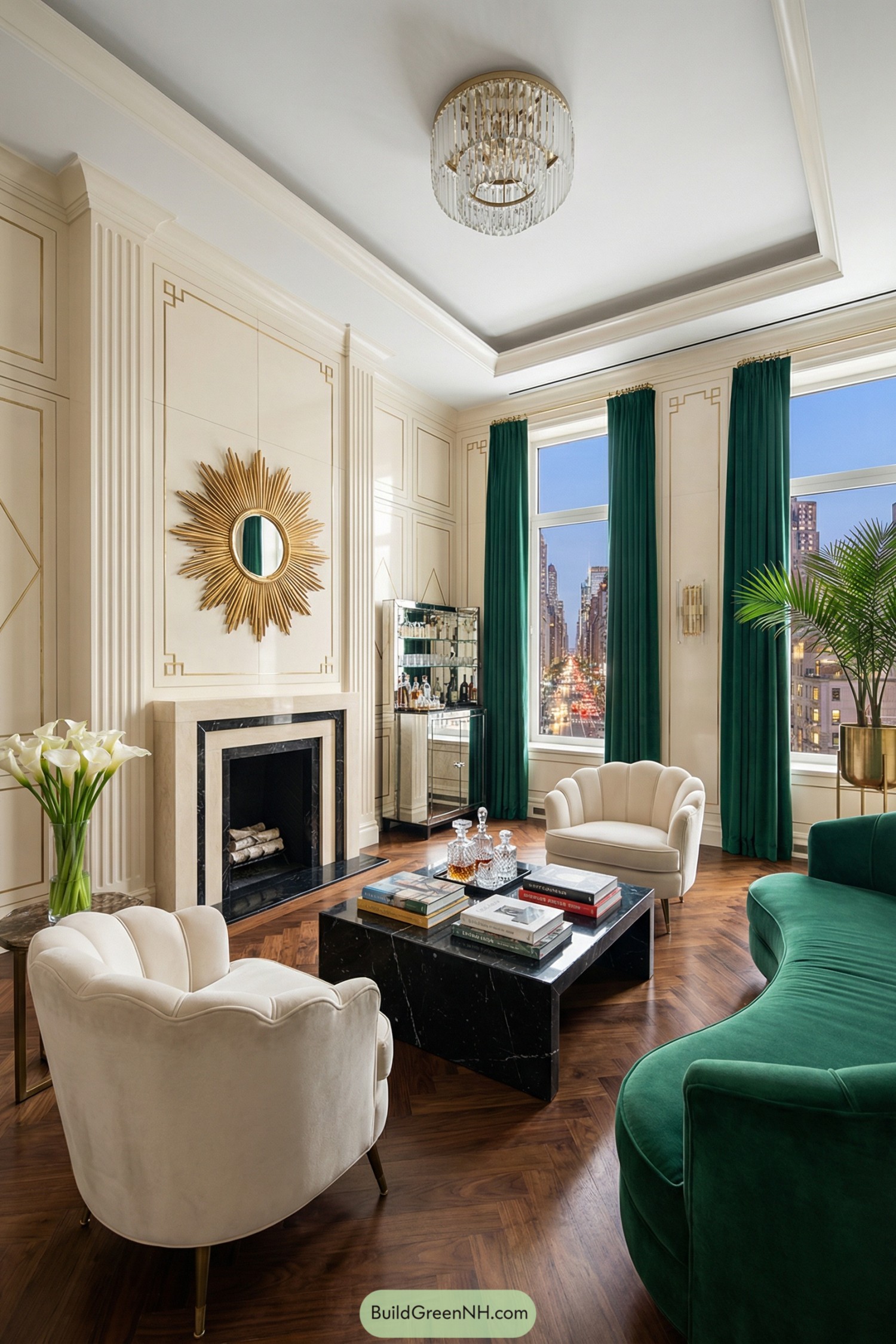 Art deco inspired living room with emerald accents