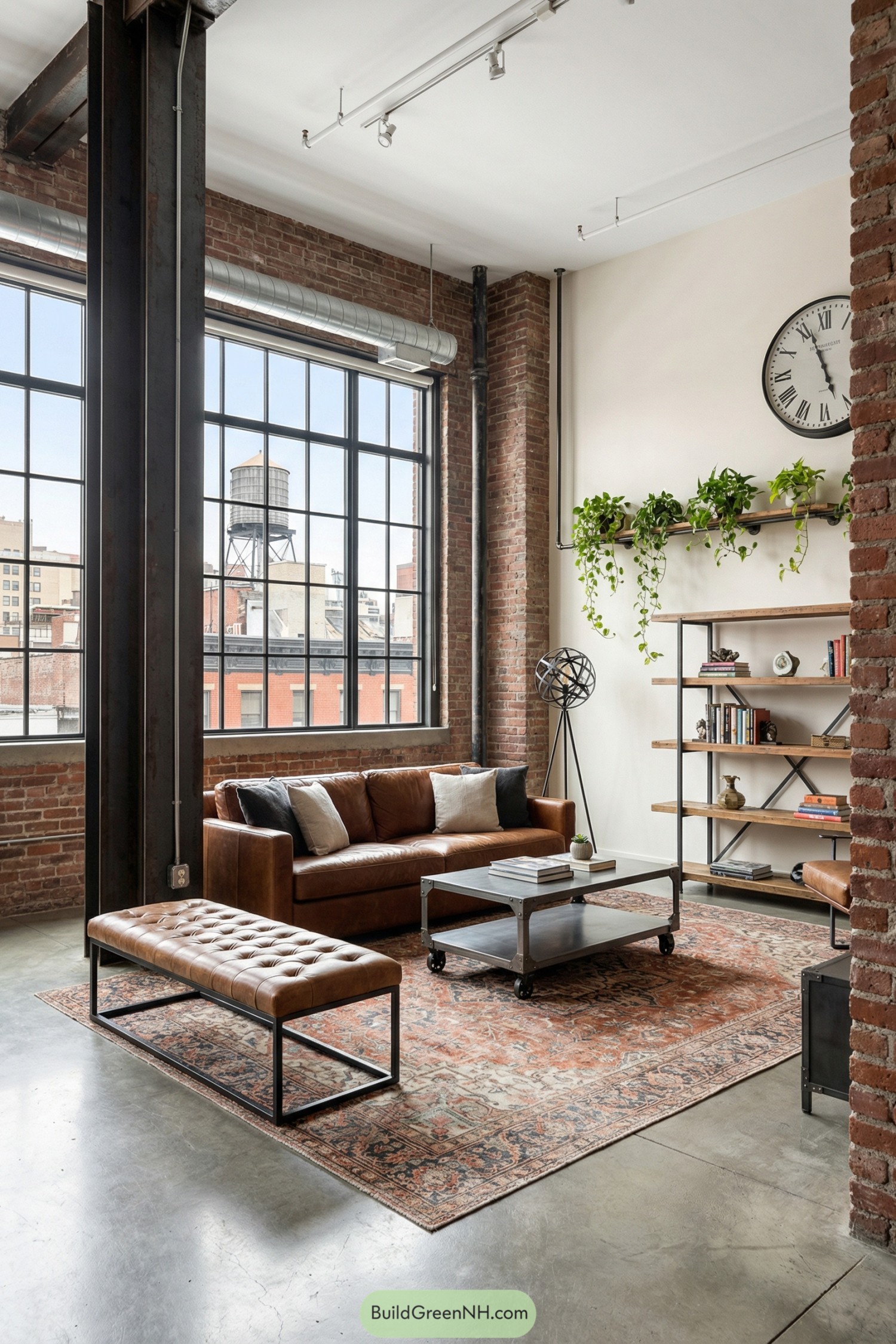 Industrial loft living room with brick walls, tall black-framed windows, and tan leather seating