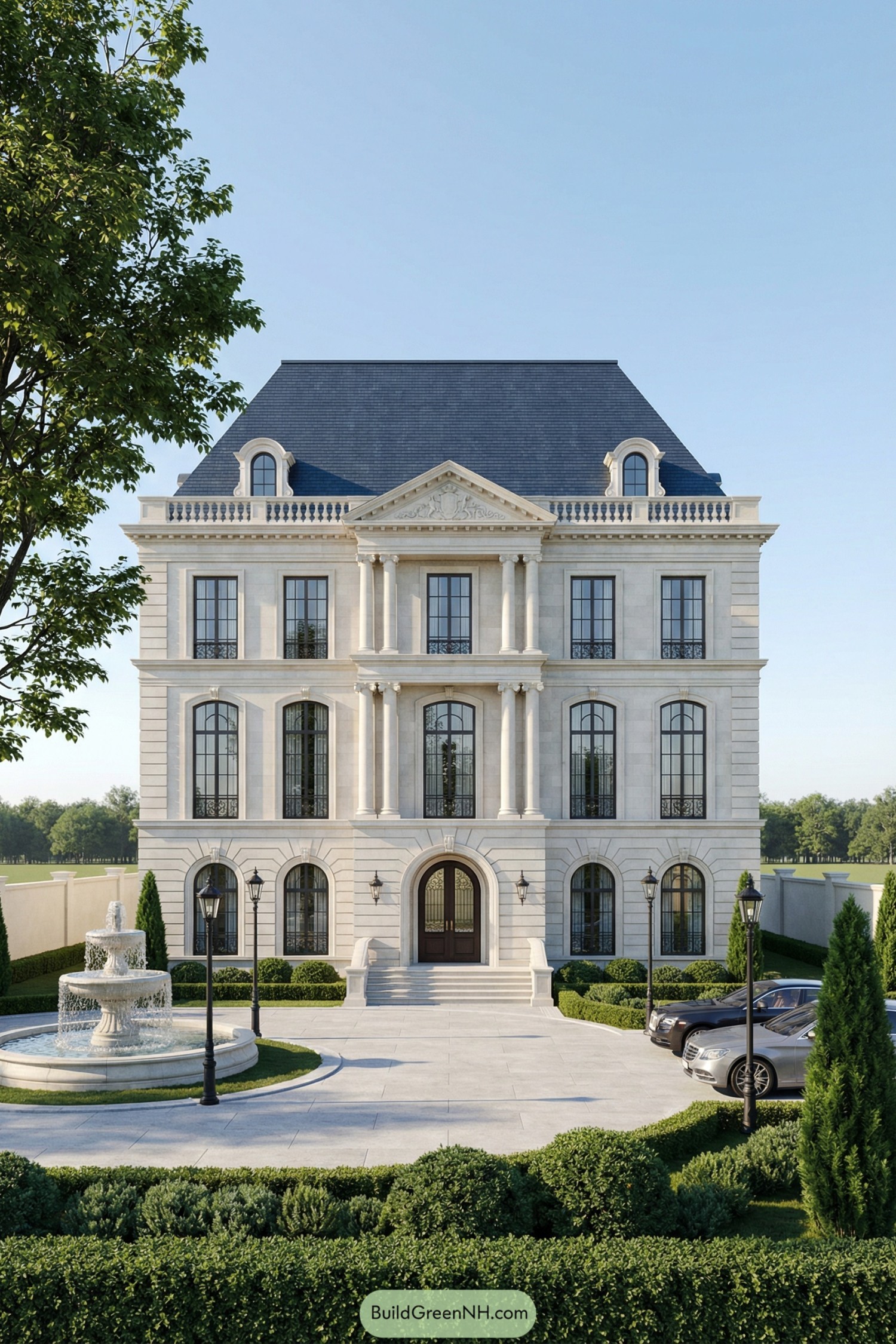 Elegant stone mansion with tall slate roof, central fountain, and manicured circular drive