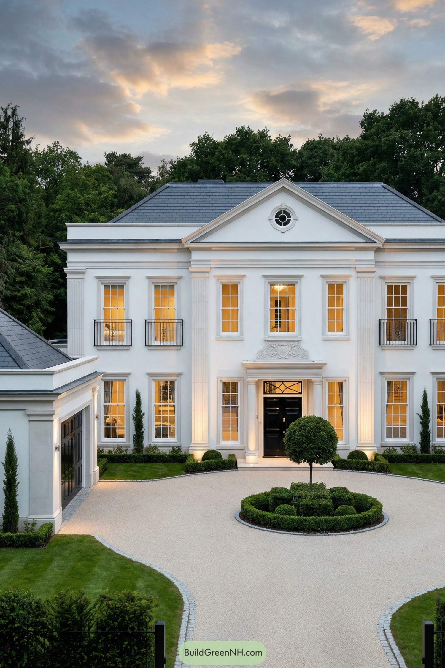 White neoclassical mansion with tall columns and circular drive