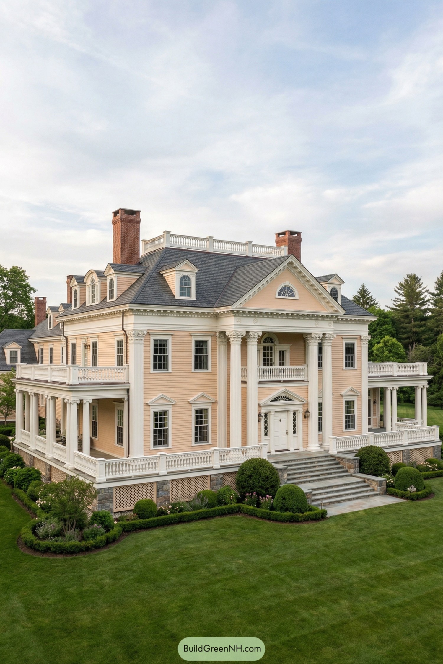 Large peach-colored neoclassical mansion with white columns and wraparound porches