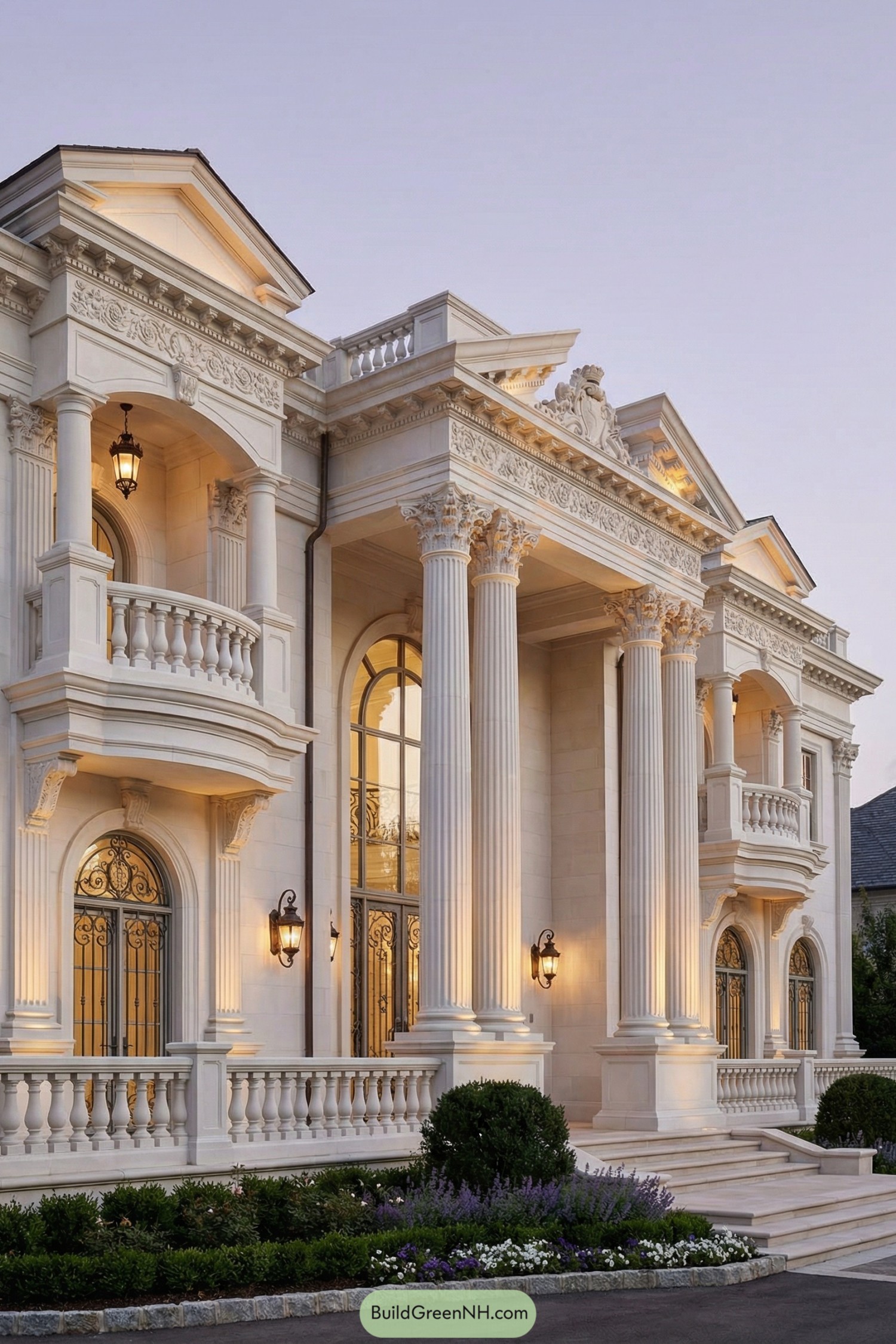 Elegant neoclassical mansion with tall fluted columns, carved stone details, and glowing exterior lanterns at dusk