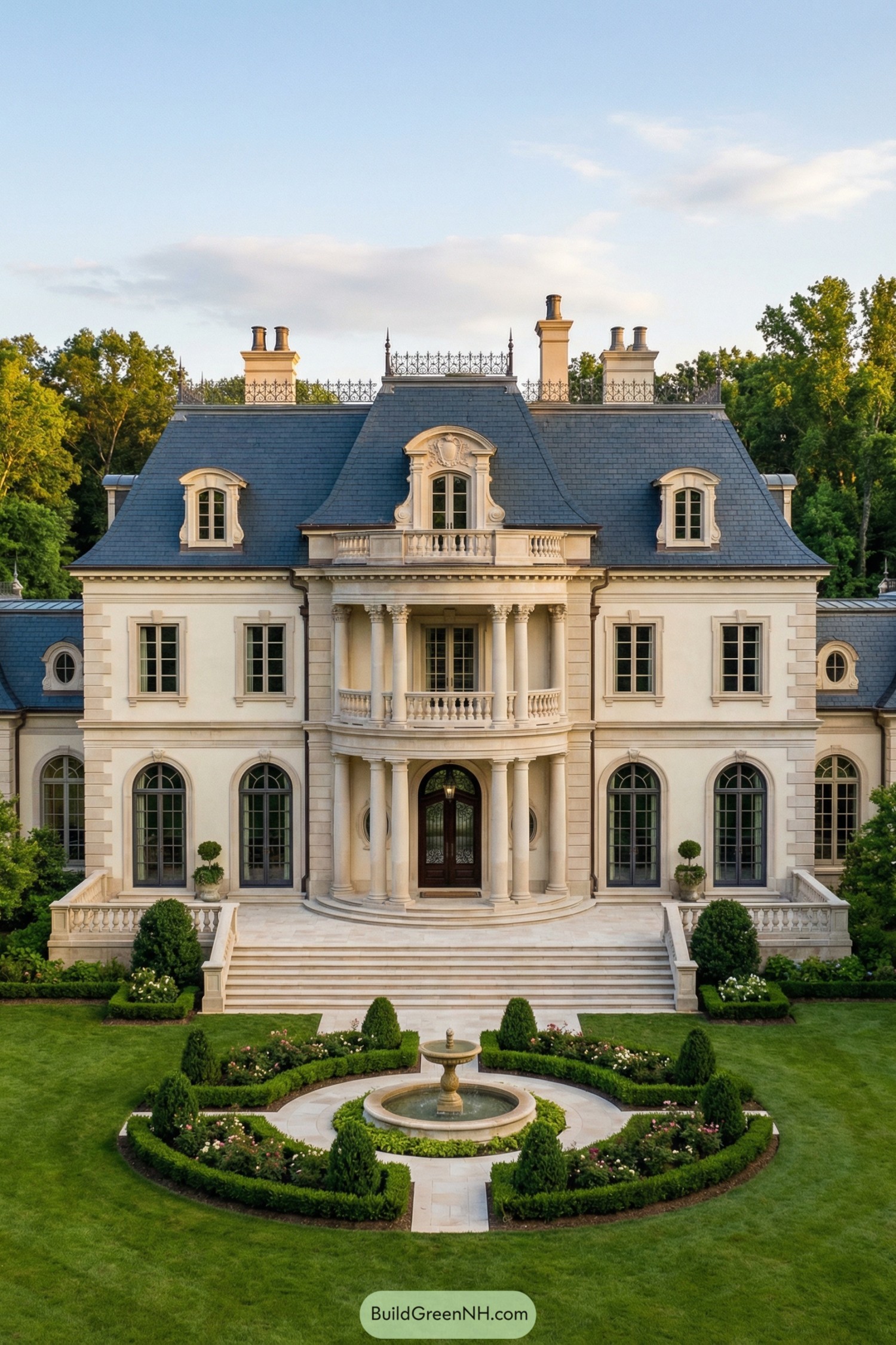 Grand stone mansion with mansard roof, columned entry, and circular garden fountain