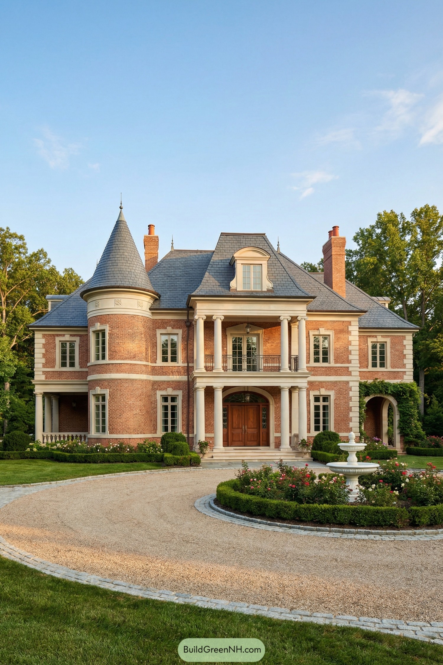 Red brick mansion with slate roof, round turret, columned entry porch, and circular drive with fountain