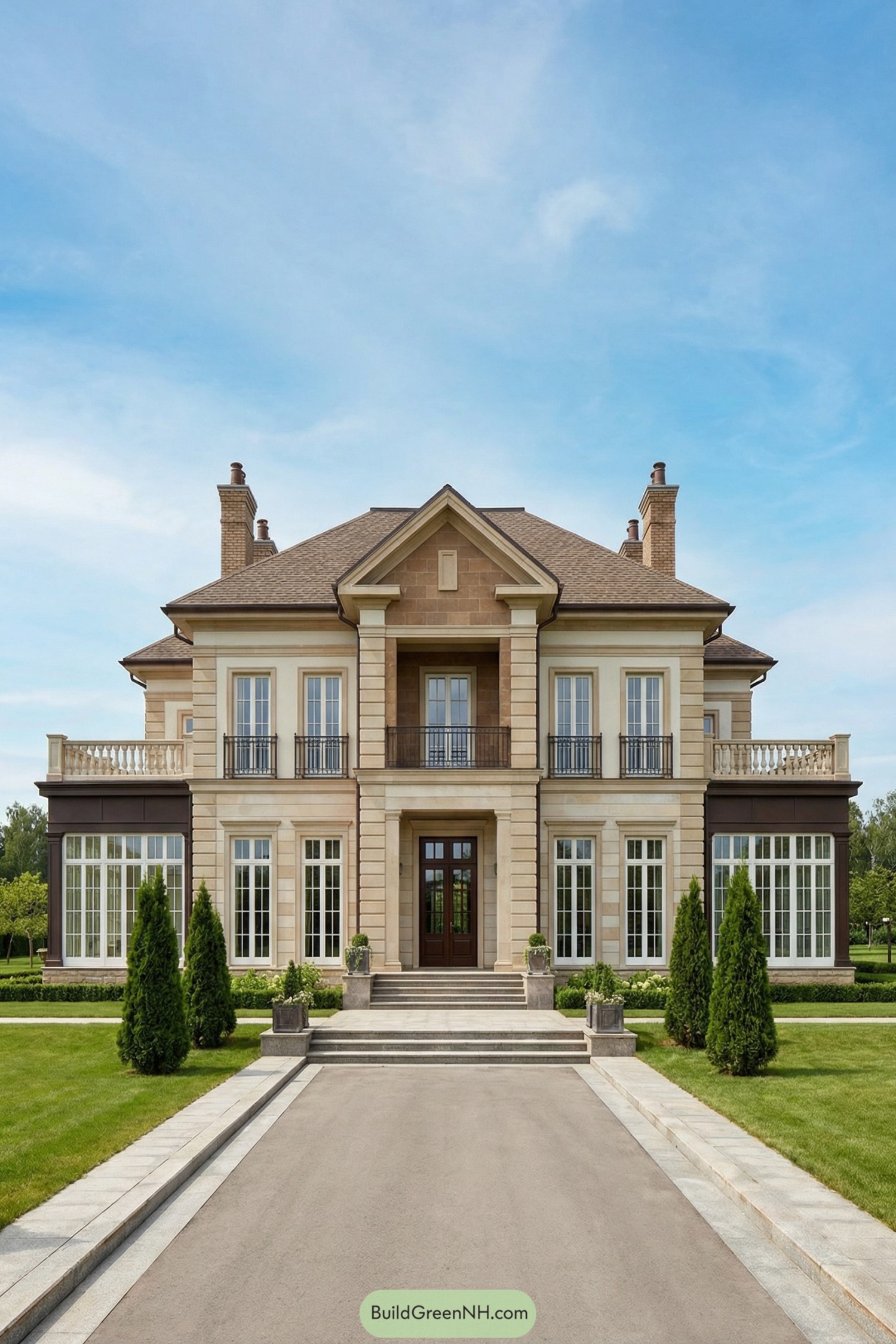 Elegant beige stone mansion with tall windows, central balcony, and manicured front drive