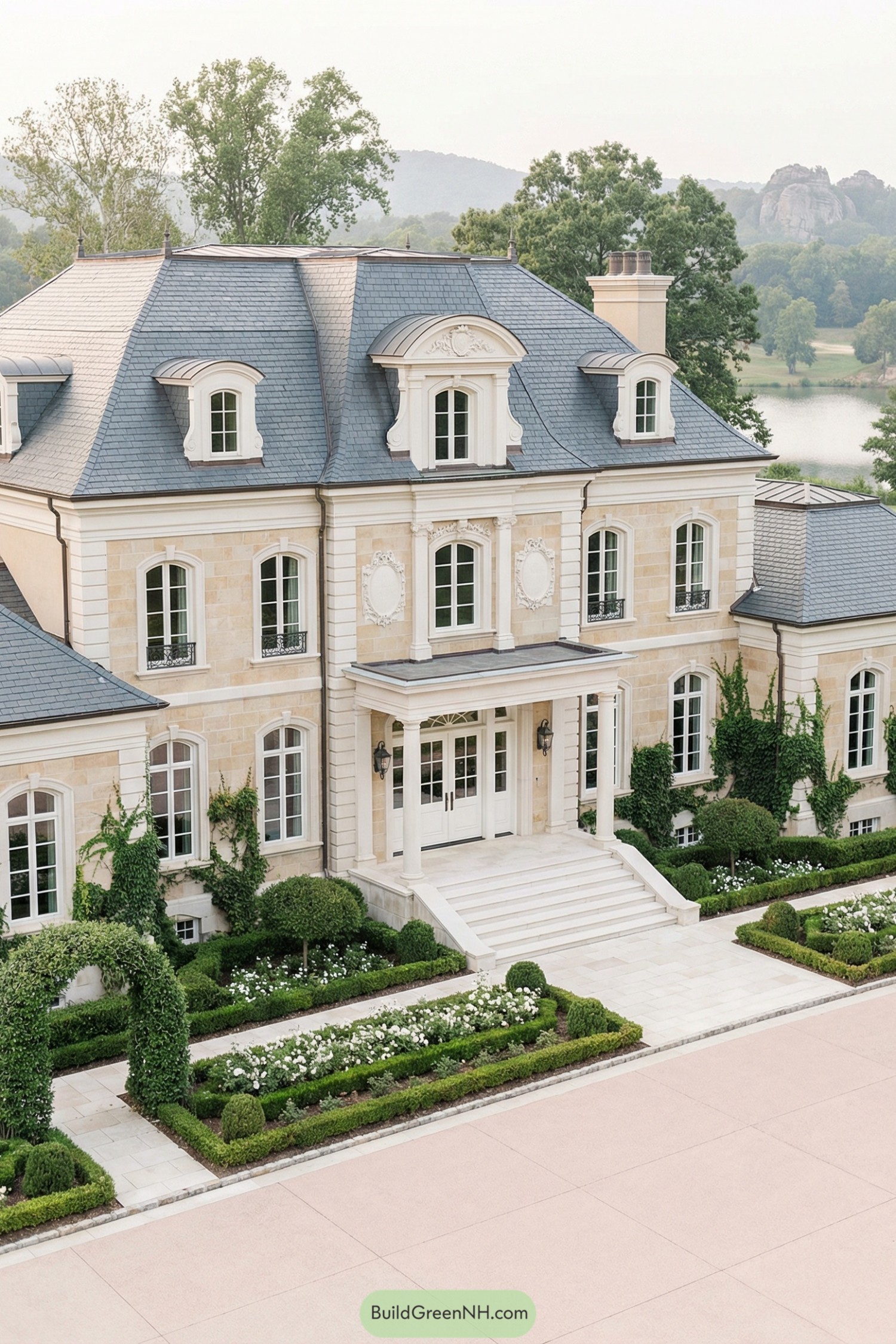 Light stone mansion with mansard roof and formal hedged garden