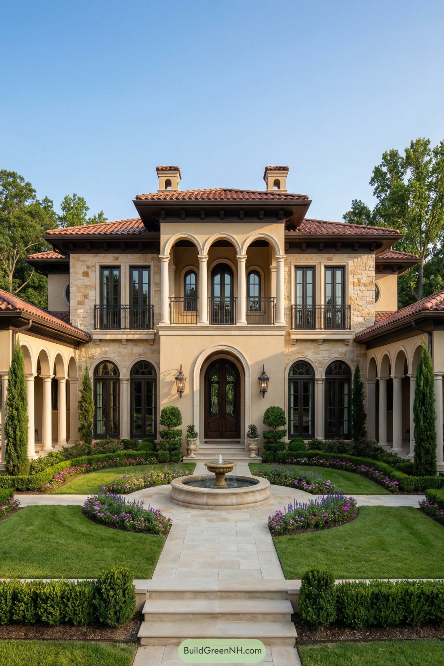 Mediterranean style mansion with arched façade and central garden fountain