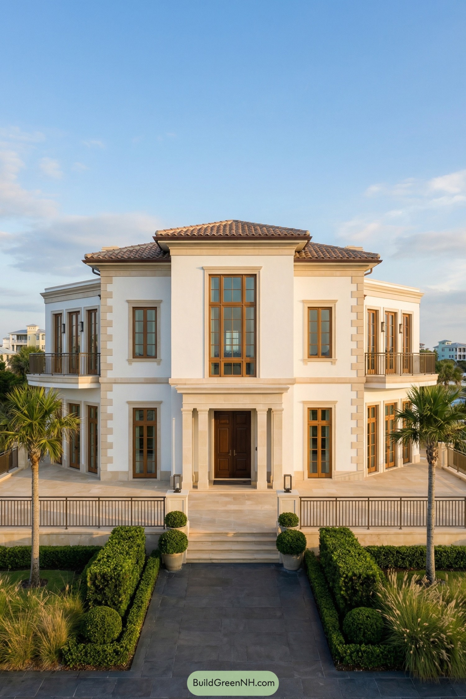 Stucco coastal mansion with tall wood windows and tiled roof