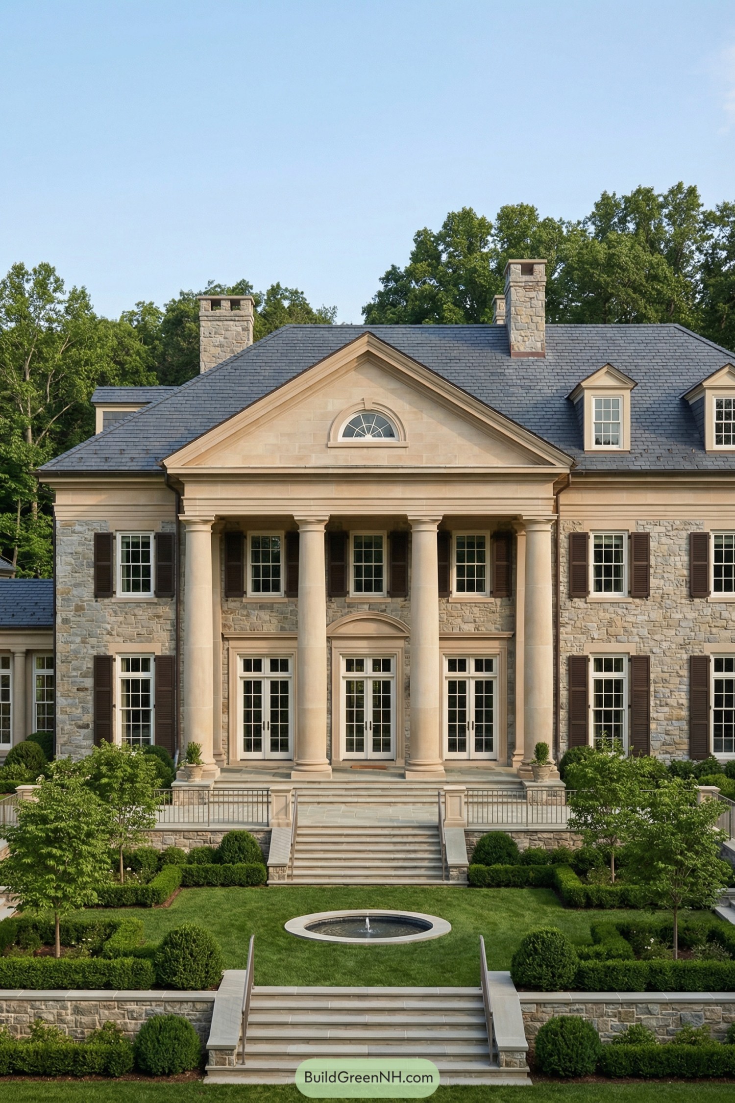 Grand stone mansion with tall front columns, slate roof, and formal tiered garden courtyard