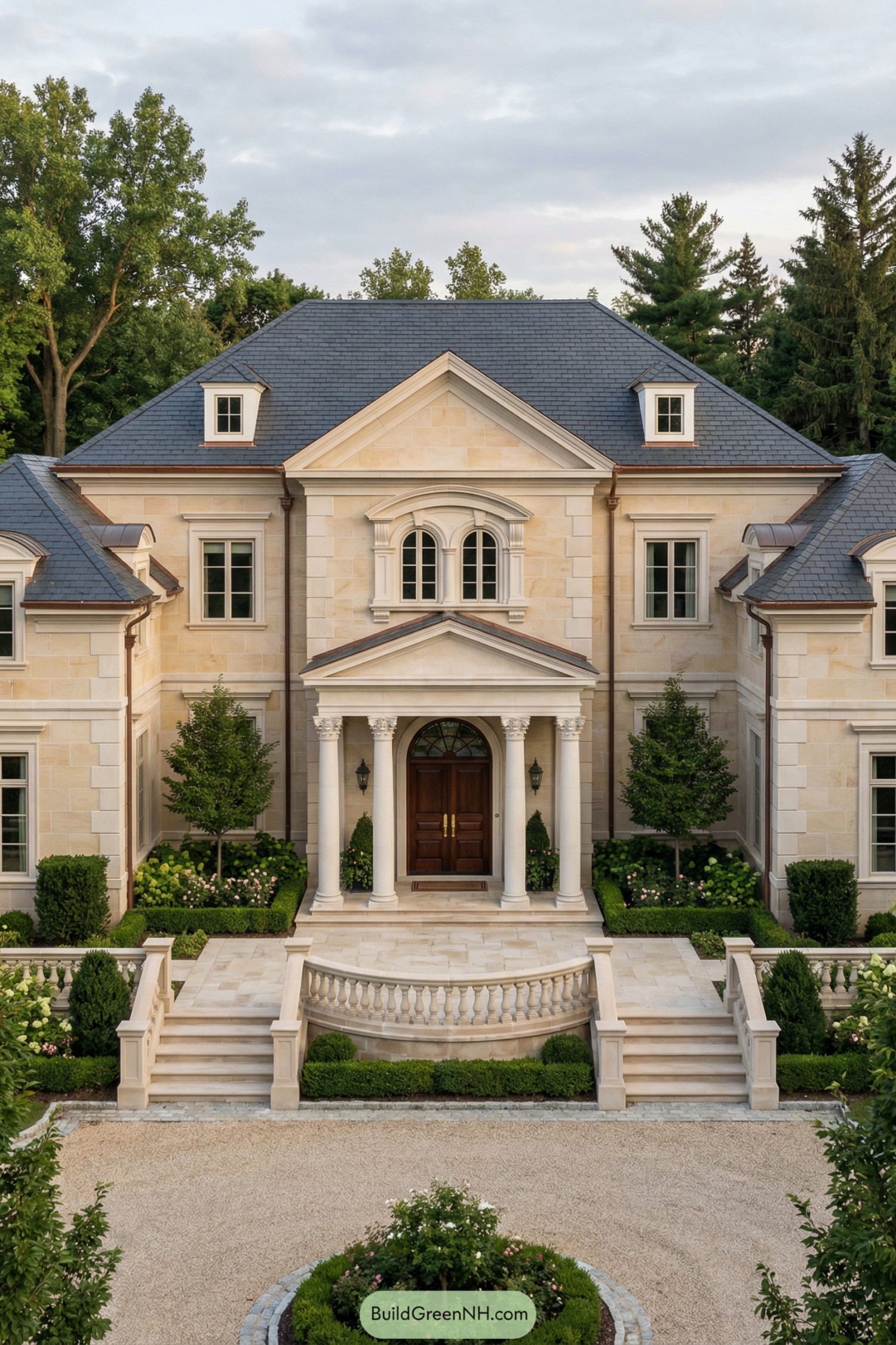 Elegant stone mansion with columned portico entry and curved balustrade steps