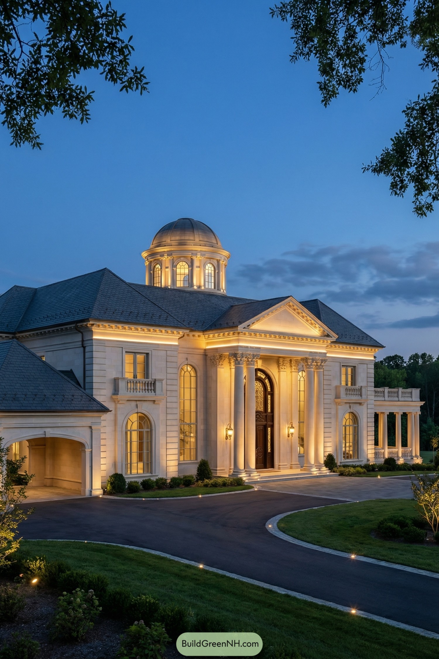 Grand classical mansion with glowing dome and columns at dusk